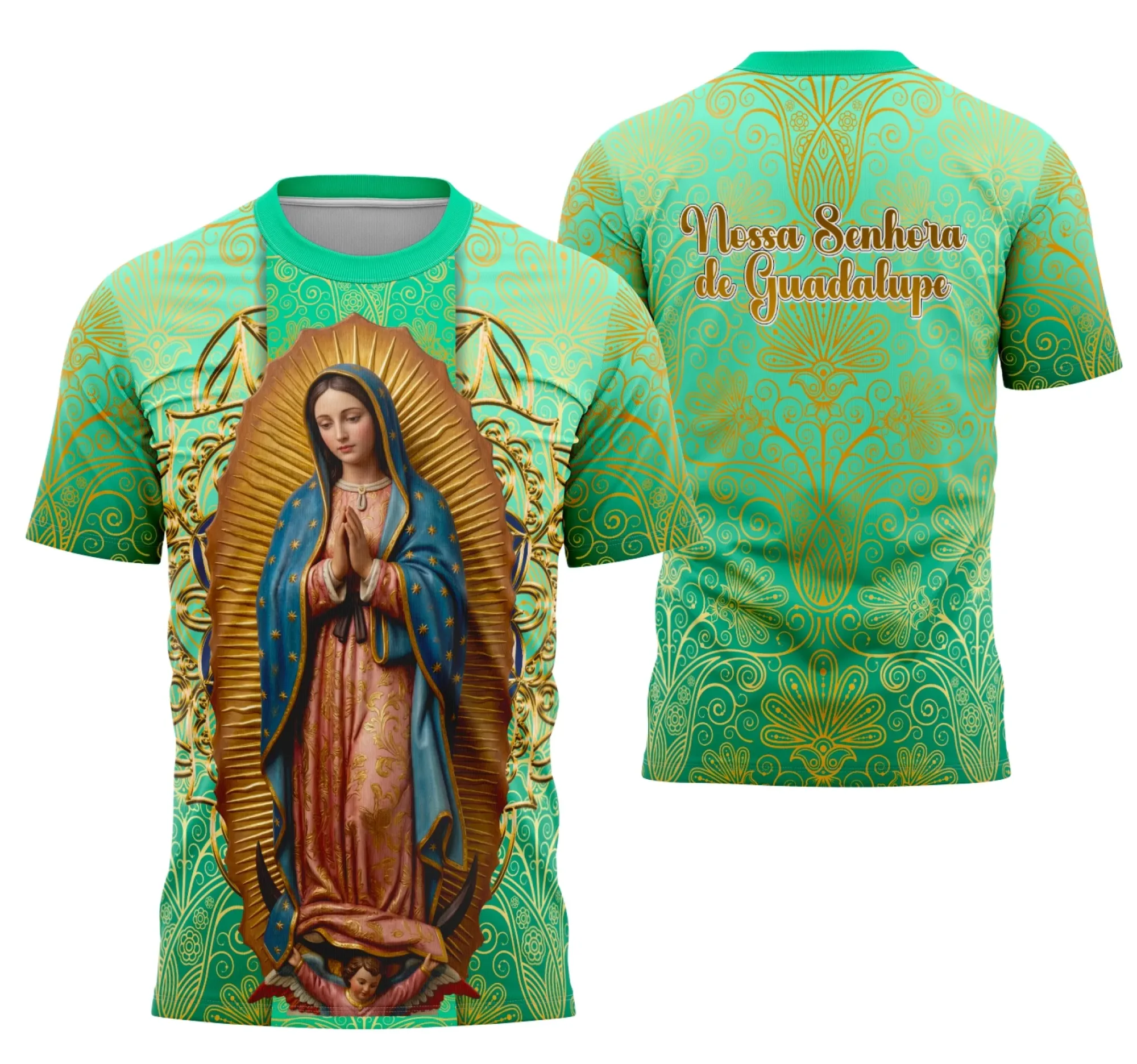Camiseta branca unissex com logo no peito e estampa grande nas costas com imagem de Nossa Senhora de Guadalupe, ideal para quem busca fé e proteção em estilo casual.