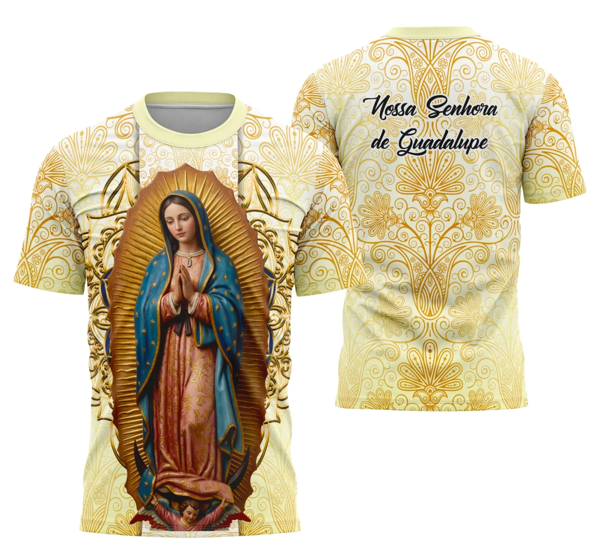 Camiseta unissex preta com logo no peito e estampa grande nas costas retratando Nossa Senhora de Guadalupe, ideal para fãs de moda religiosa e estilo autêntico.