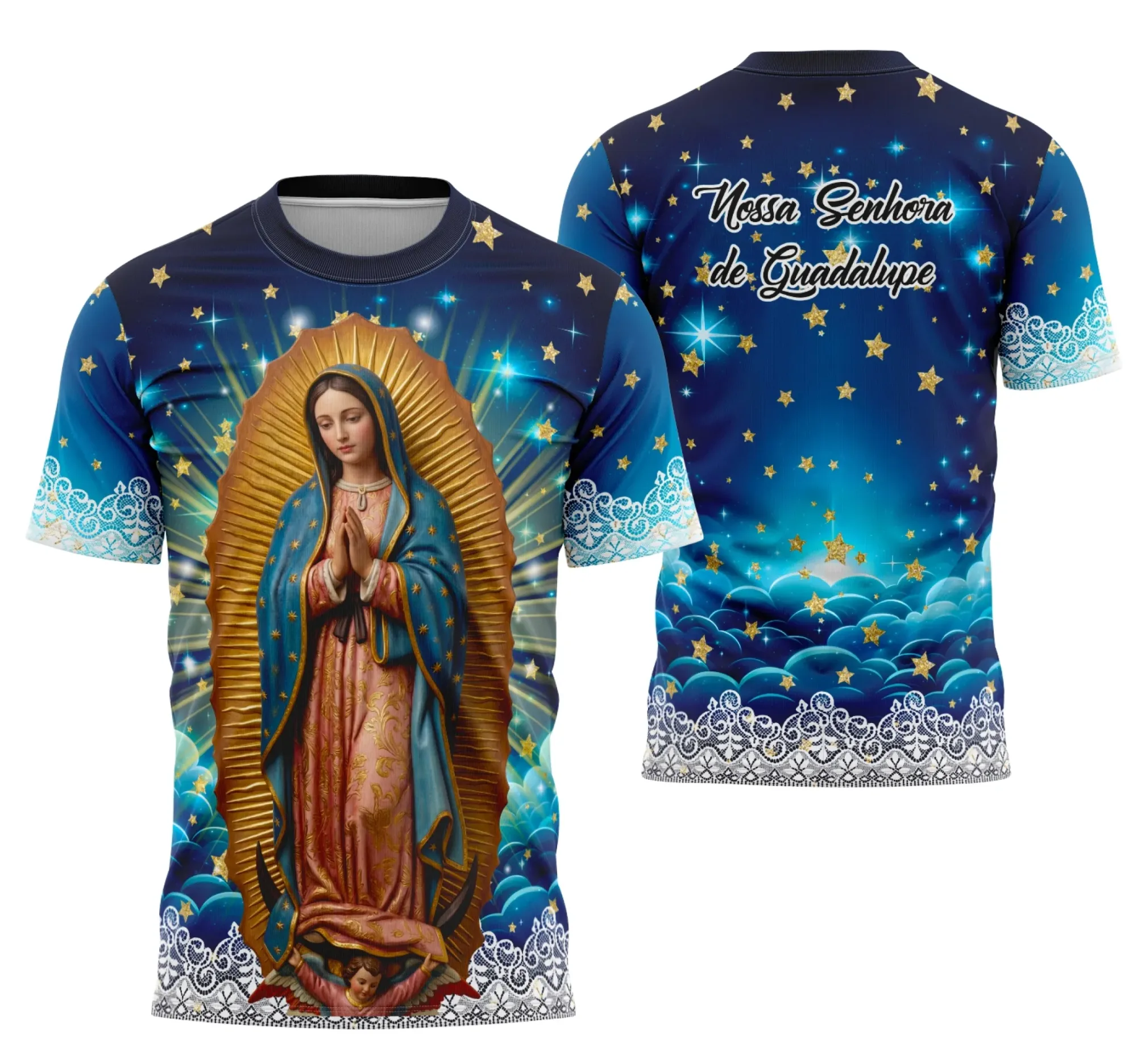 Camiseta unissex branca com logo no peito e estampa grande nas costas de Nossa Senhora de Guadalupe, tema de Religião, ideal para quem busca fé e estilo.