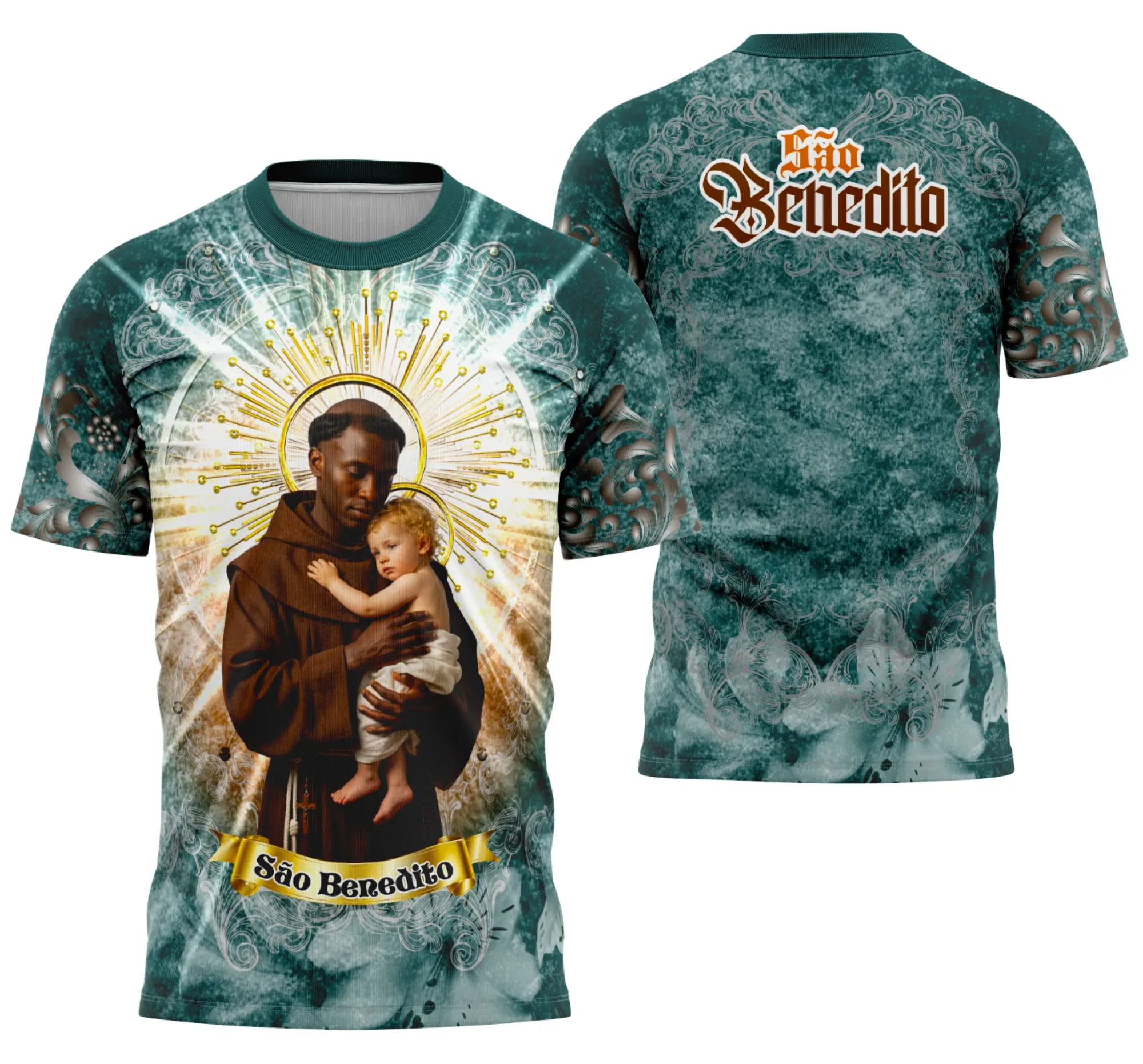 Camiseta unissex preta com logo no peito e estampa grande nas costas com tema São Benedito Clássica 2025, ideal para quem busca estilo e tradição em camiseta moderna.