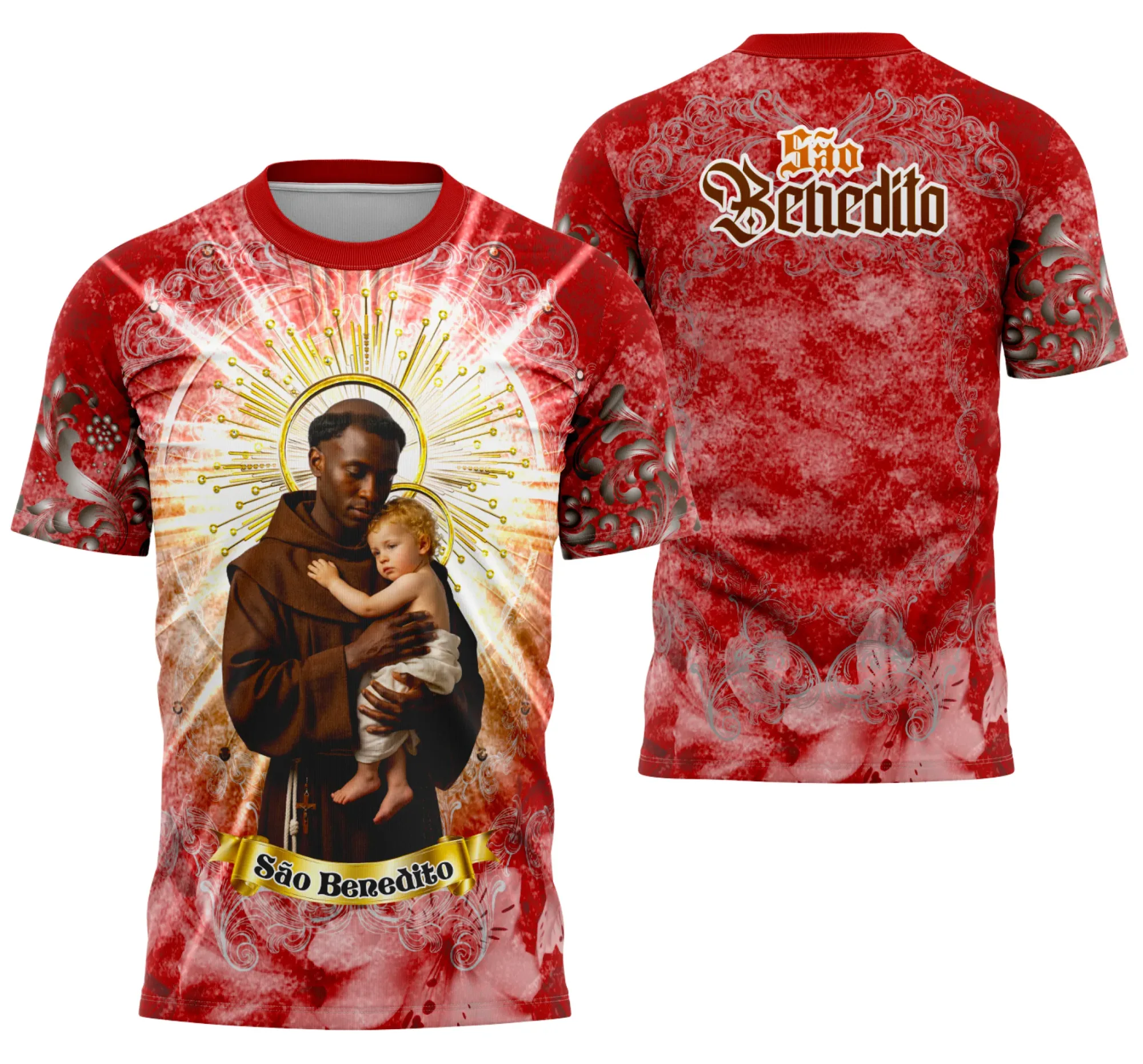 Camiseta unissex preta com logo no peito e estampa grande nas costas inspirada em São Benedito 2025, design criativo e moderno para quem busca estilo e identidade.