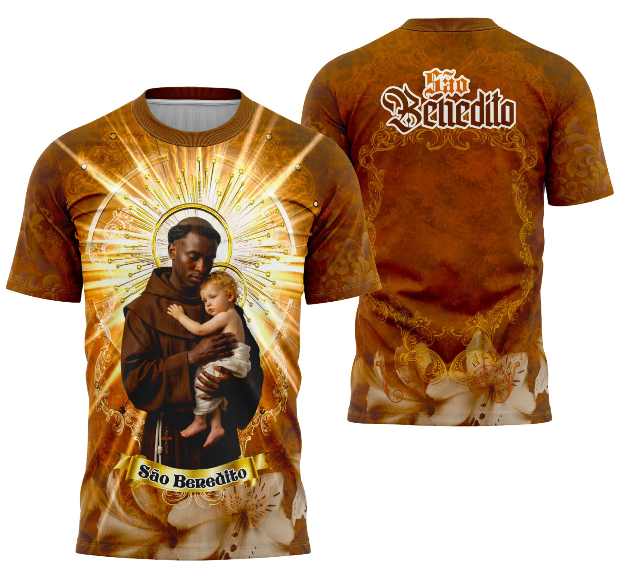 Camiseta unissex preta com logo no peito e estampa grande nas costas do tema São Benedito Espírito 2025, perfeita para celebrações e eventos religiosos com estilo marcante.