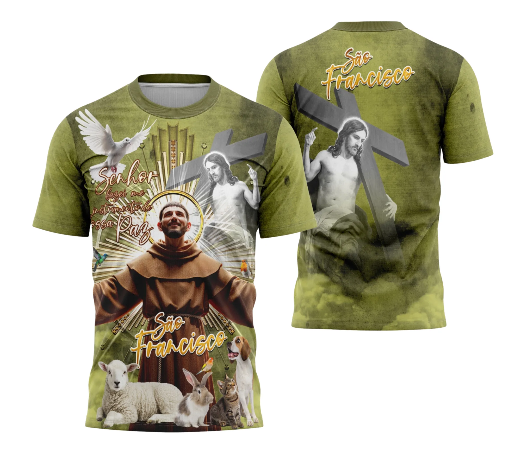 Camiseta unissex branca com logo no peito e estampa grande nas costas com tema São Francisco 2025 Espírito e Fé, destaque para detalhes religiosos, moderna e elegante.