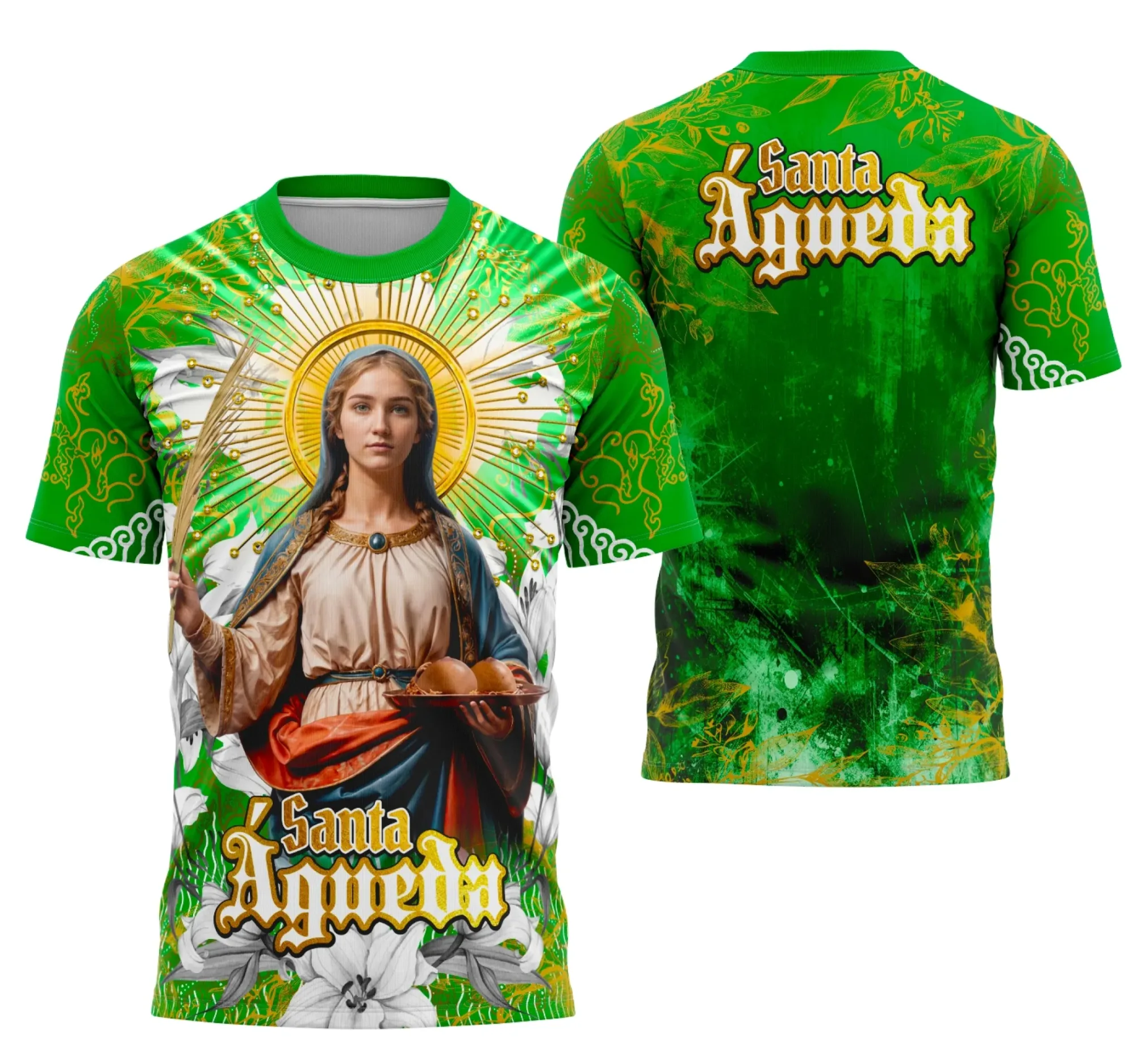 Camiseta unissex preta com logo no peito e estampa grande nas costas inspirada em Santa Águeda Católica, transmitindo fé e devoção com design impactante e elegante.