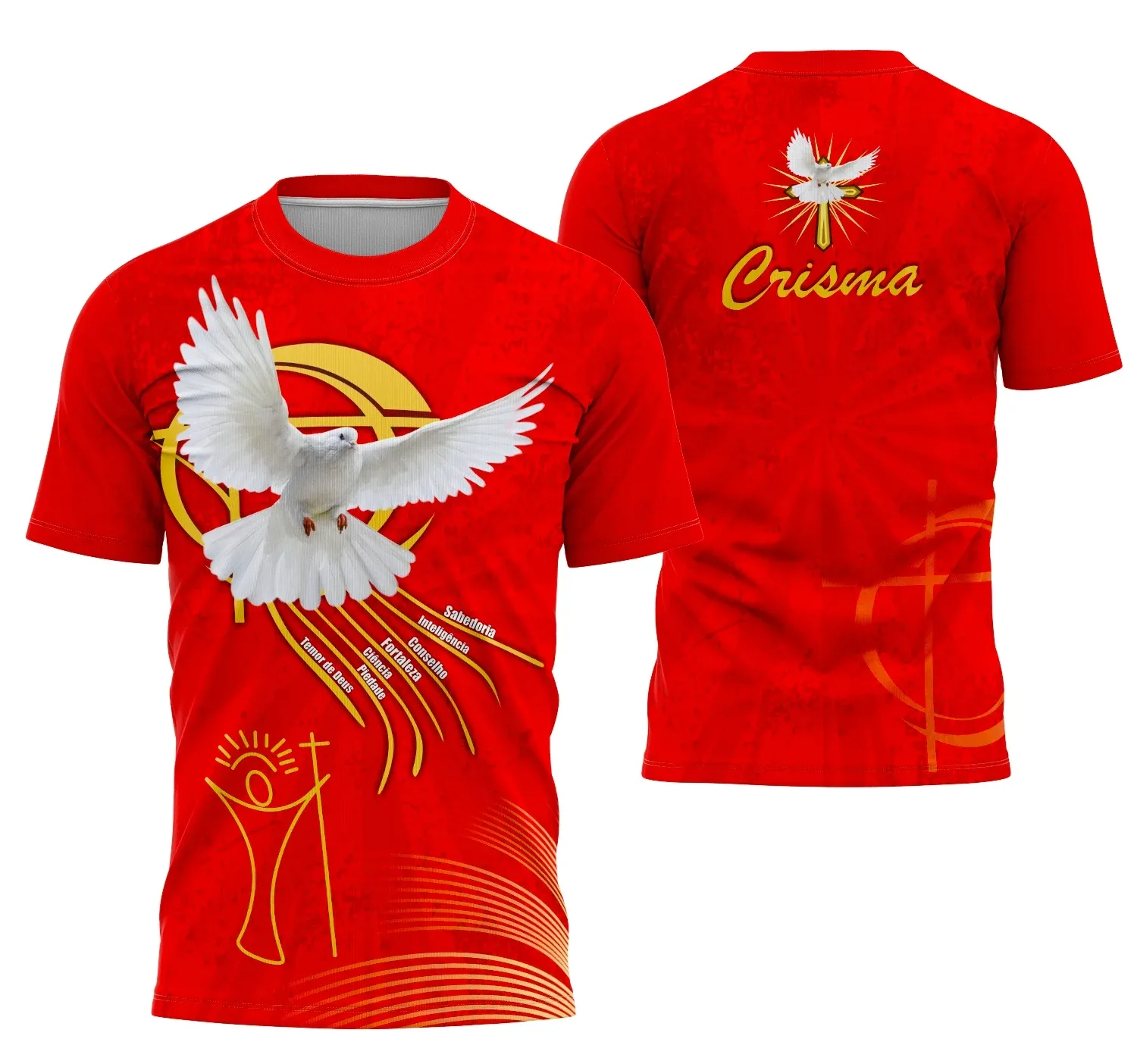 Camiseta unissex branca com logo no peito e estampa grande nas costas representando o Espírito Santo para Crisma, design simbólico e elegante, ideal para eventos religiosos e celebrações.