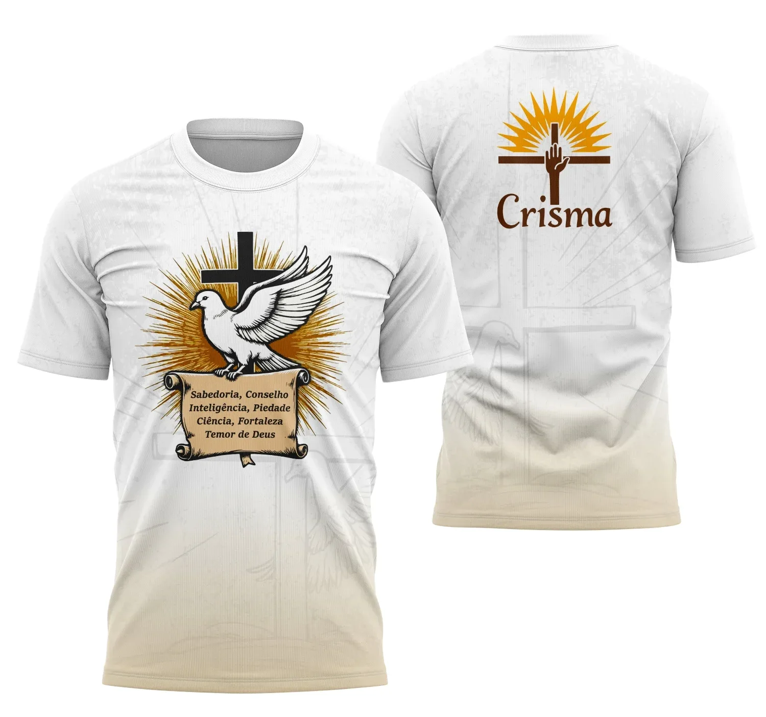 Camiseta unissex preta com logo no peito e estampa grande nas costas tema Inspiração Crisma, garantindo visual moderno e significativo para ocasiões especiais.