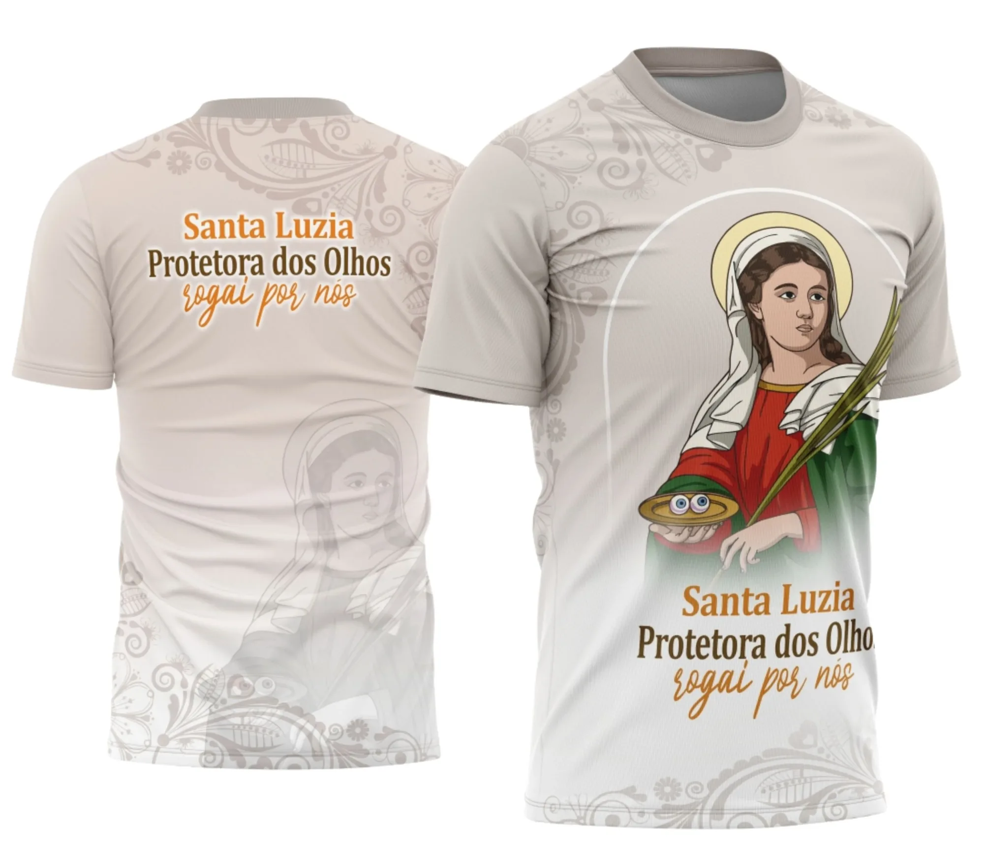 Camiseta unissex preta com logo no peito e estampa grande nas costas com tema Santa Luzia e inspiração religiosa, perfeita para momentos de fé e estilo.