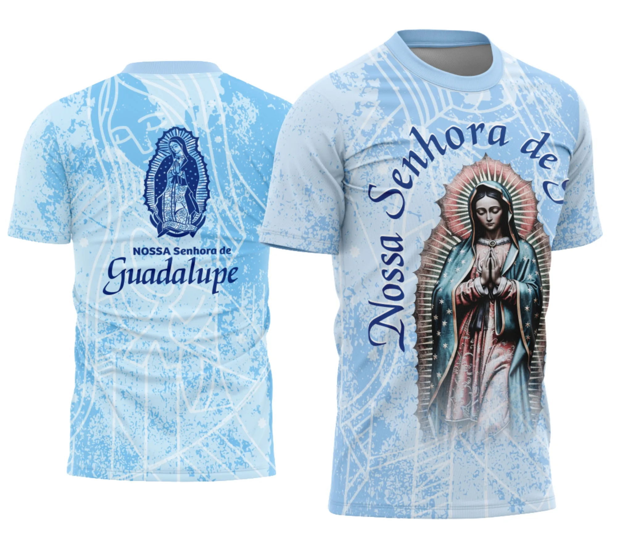 Camiseta unissex preta com logo no peito e estampa grande nas costas da Devocional Nossa Senhora de Guadalupe, design marcante e perfeito para todos os estilos.