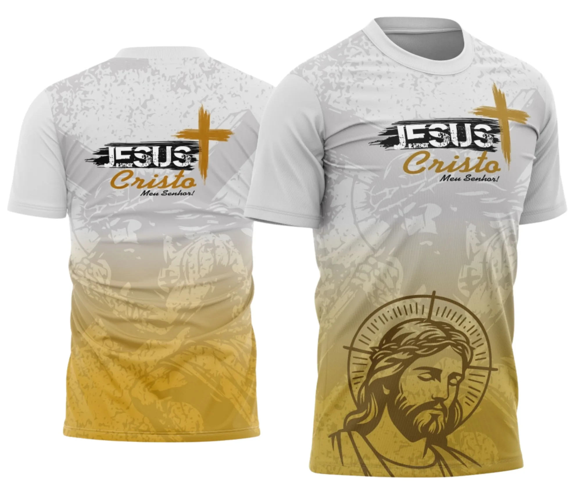 Foto de camiseta unissex preta com logo no peito e estampa grande nas costas mostrando Jesus Cristo Nosso Salvador com tema fé, ideal para quem busca inspiração religiosa no visual.