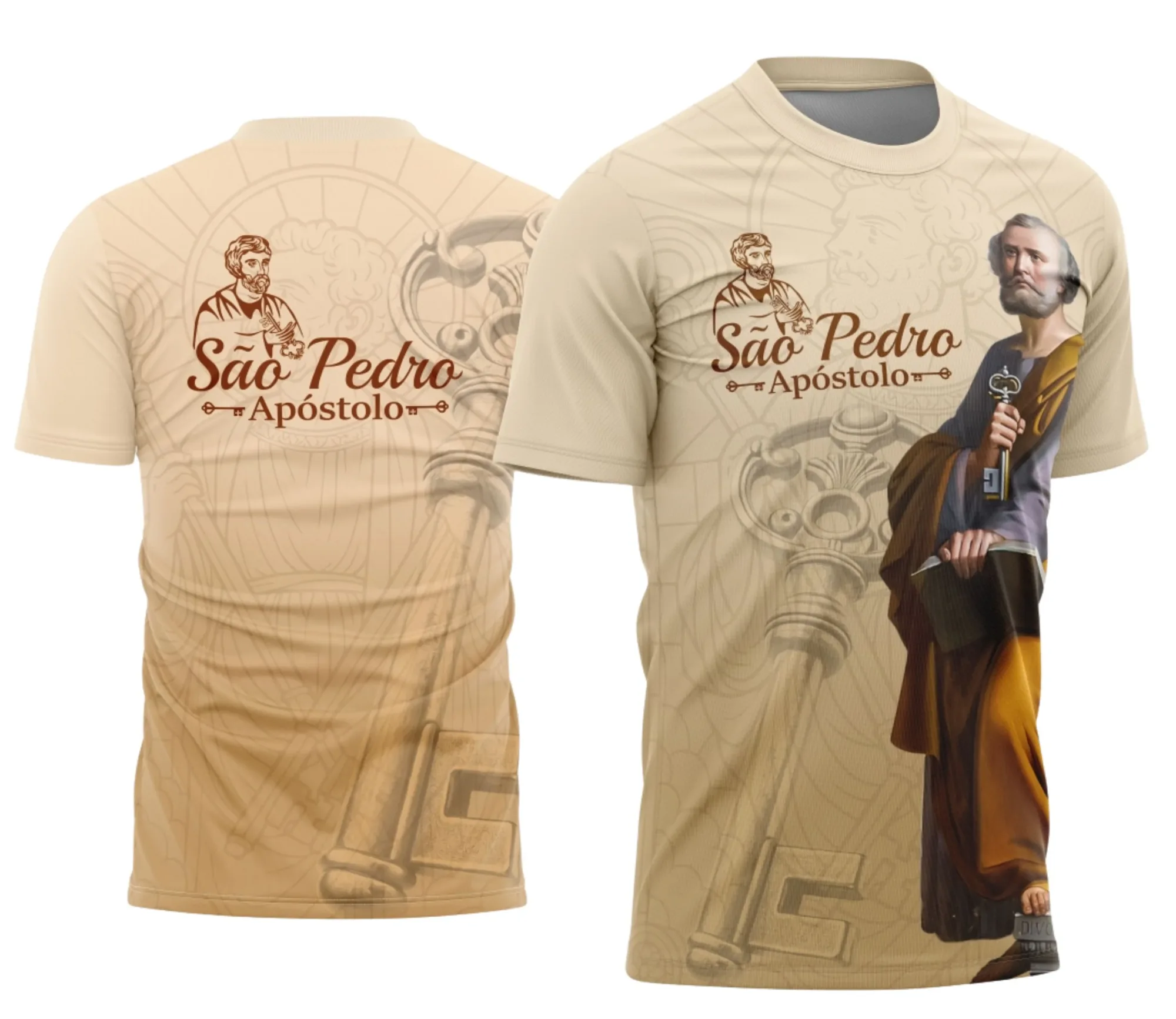 Camiseta unissex preta com logo no peito e estampa grande nas costas do São Pedro Apóstolo, design religioso marcante e moderno para quem busca estilo e fé.