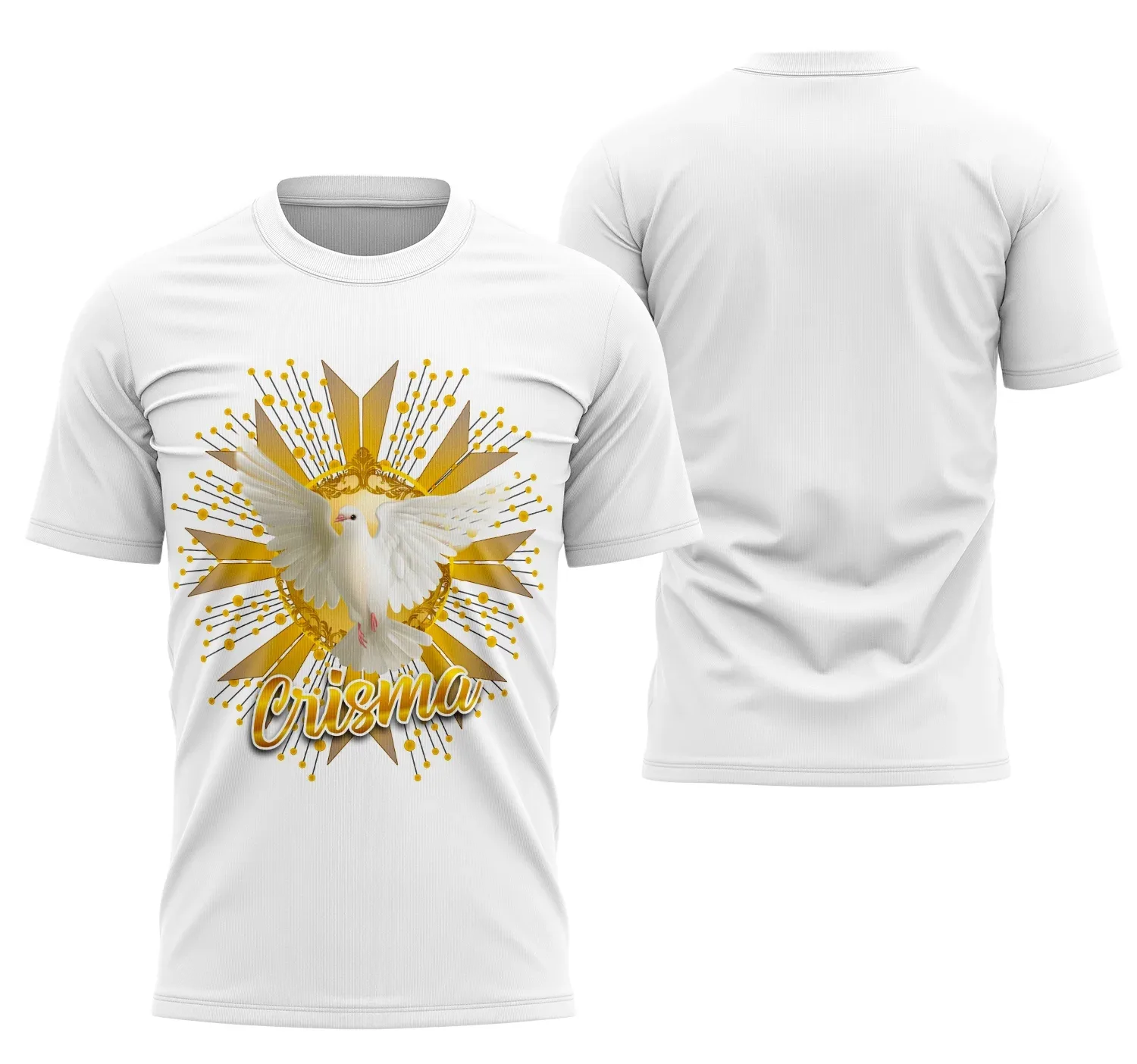 Camiseta unissex preta com logo no peito e estampa grande nas costas sobre o tema Santo Crisma Fé, perfeita para ocasiões religiosas e eventos especiais.