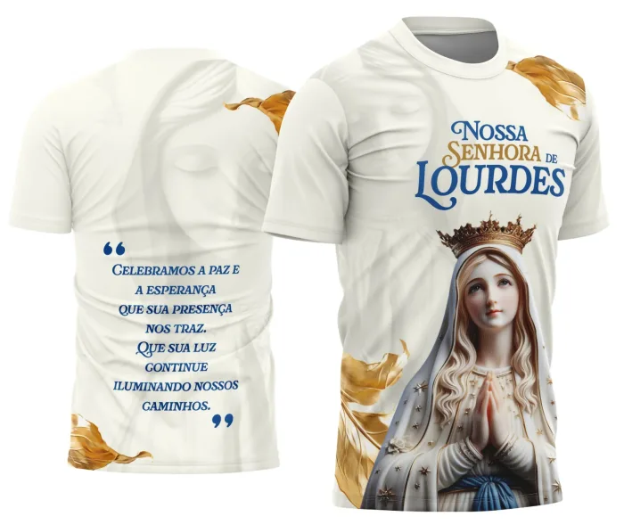 Arte Camisa Devocional Nossa Senhora de Lourdes Fé Viva - Design Exclusivo