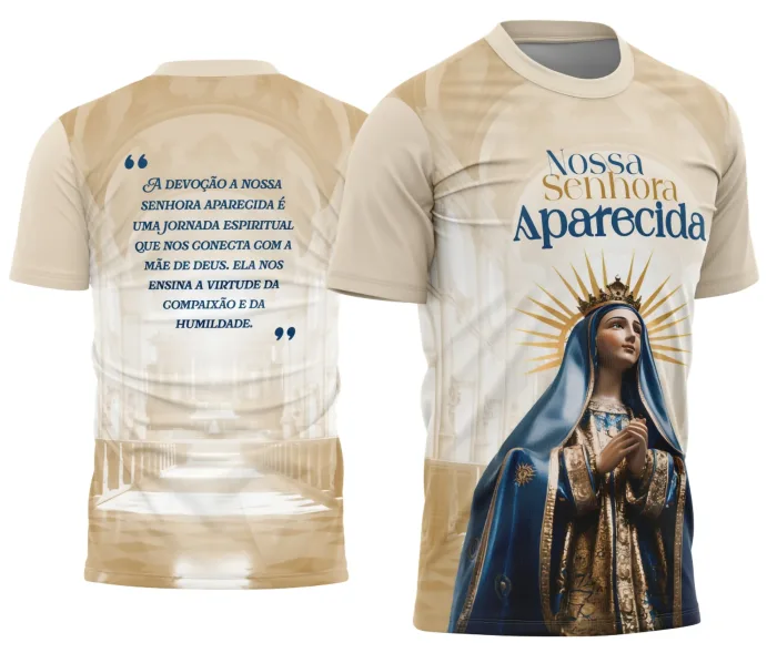 Camiseta unissex preta com logo no peito e estampa grande nas costas inspirada em Nossa Senhora Aparecida, perfeita para expressar fé e religiosidade com conforto e estilo.
