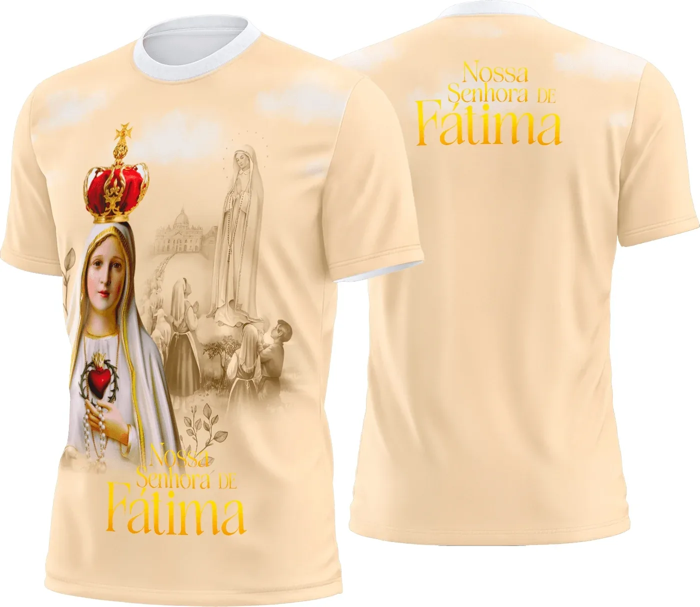 Foto de camiseta unissex branca com logo no peito e estampa grande nas costas da Nossa Senhora de Fátima 2025 em estilo religioso e devocional.