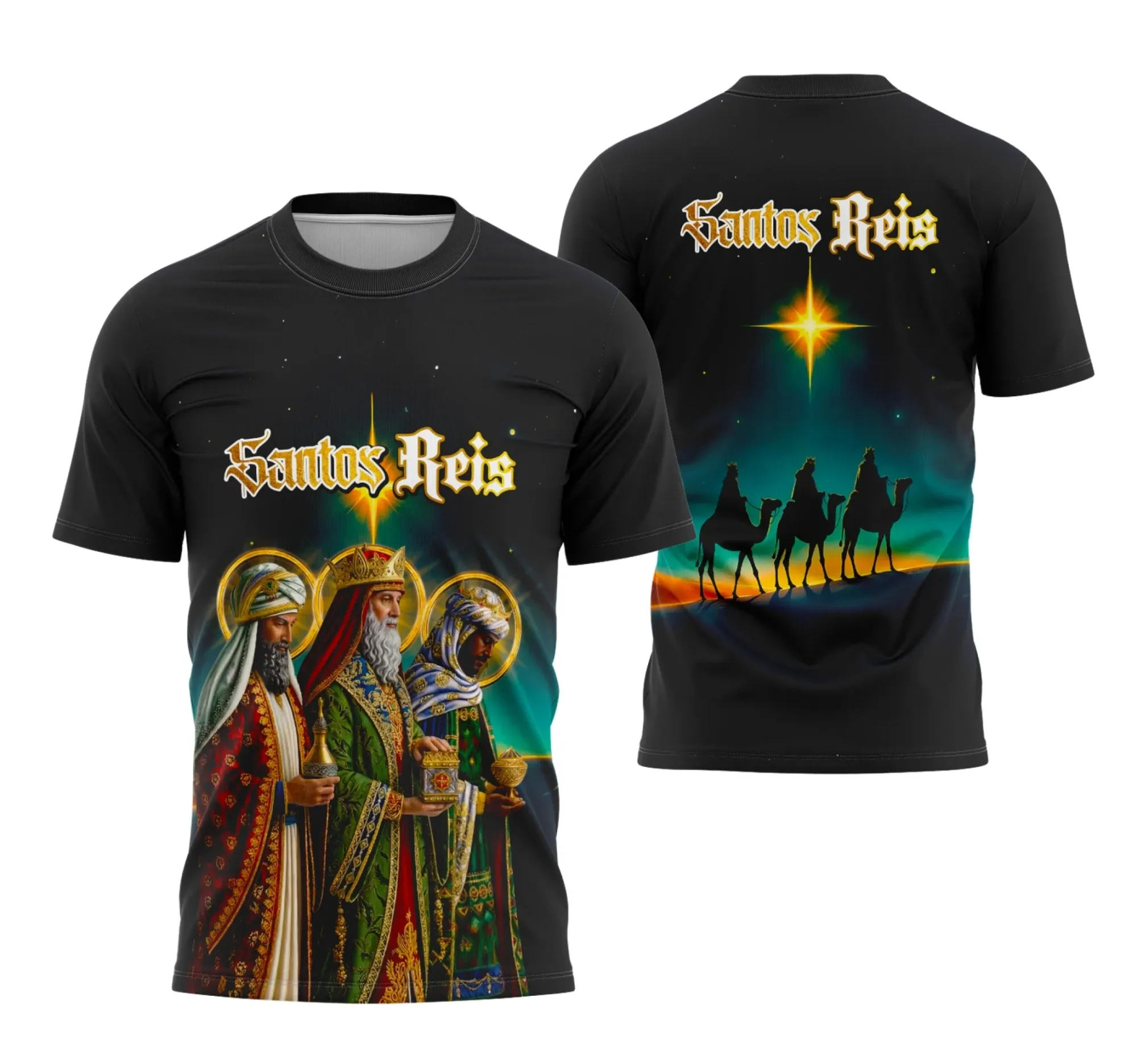 Camiseta unissex branca com logo no peito e estampa grande nas costas com tema dos Reis Magos Santos Reis, ideal para celebração religiosa com visual moderno e atraente.