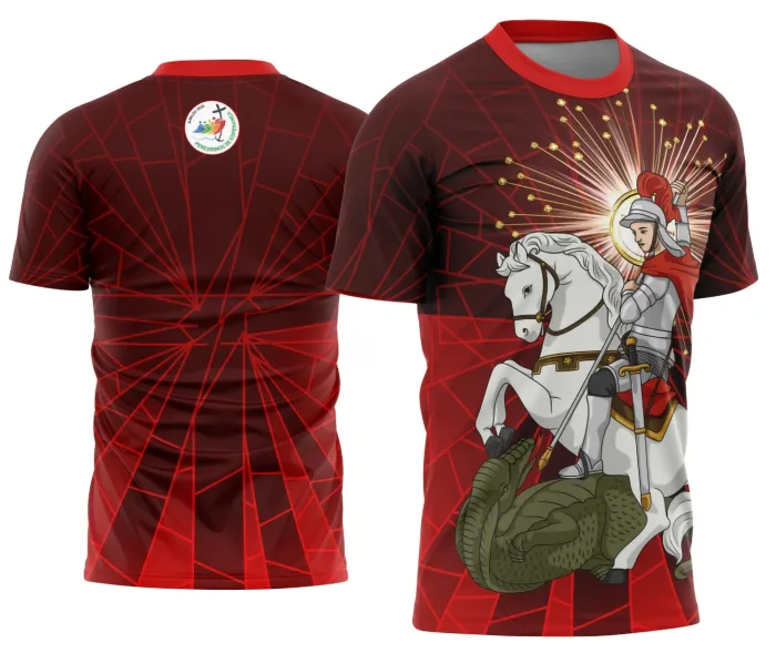 Camiseta unissex preta com logo no peito e estampa grande nas costas mostrando São Jorge em destaque, ideal para fãs do tema São Jorge.