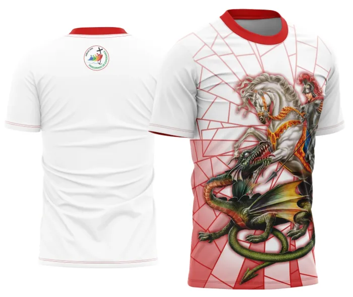 Camiseta unissex preta com logo no peito e estampa grande nas costas com tema Devocional São Jorge Moderno, ideal para quem busca estilo e fé em uma peça única e marcante.