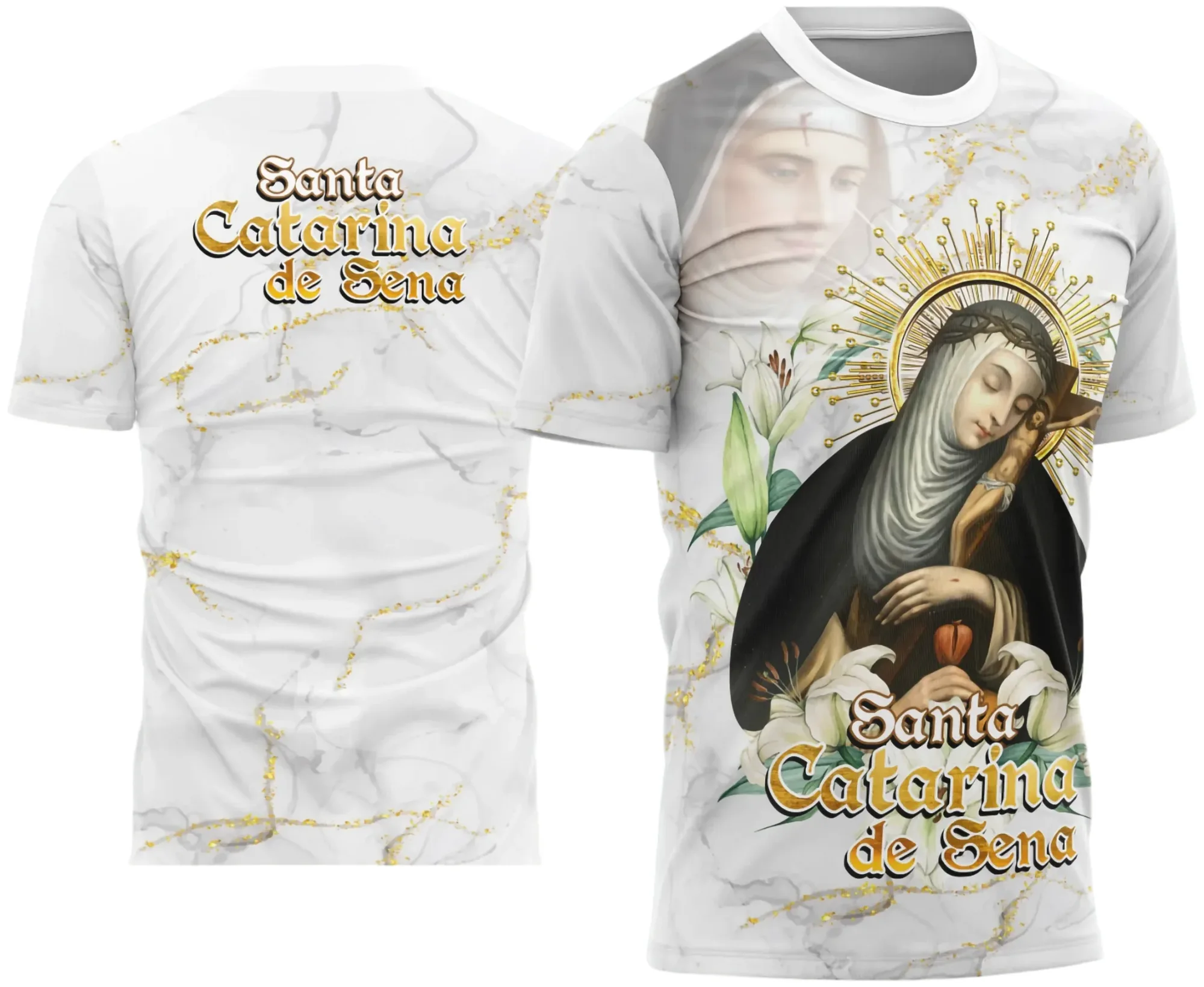 Camiseta unissex preta com logo no peito e estampa grande nas costas mostrando Santa Catarina de Sena com detalhes religiosos.