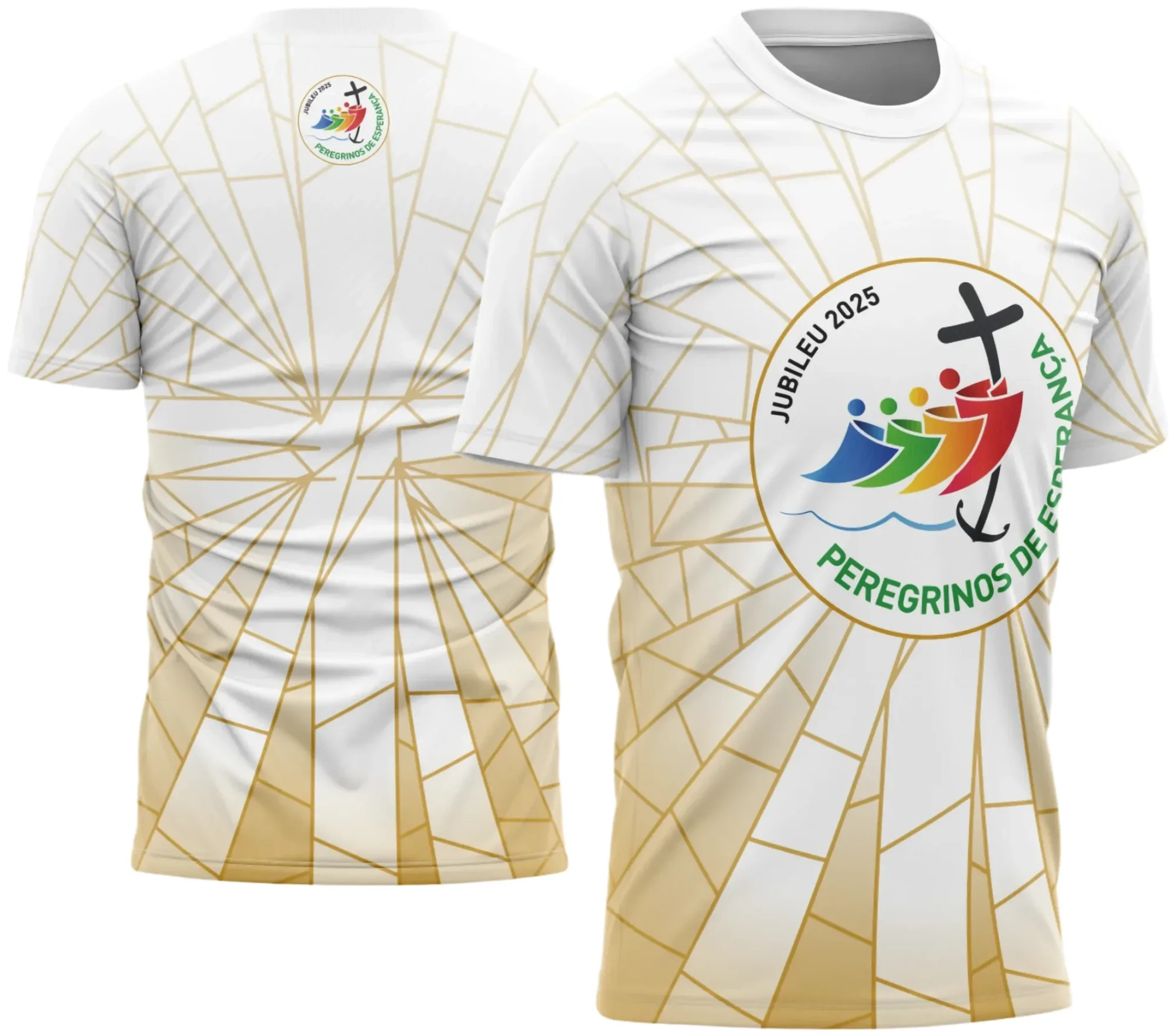 Foto de camiseta unissex preta com logo no peito e estampa grande nas costas baseada na inspiração religiosa Jornada dos Peregrinos, ideal para quem busca estilo e fé em uma peça confortável.