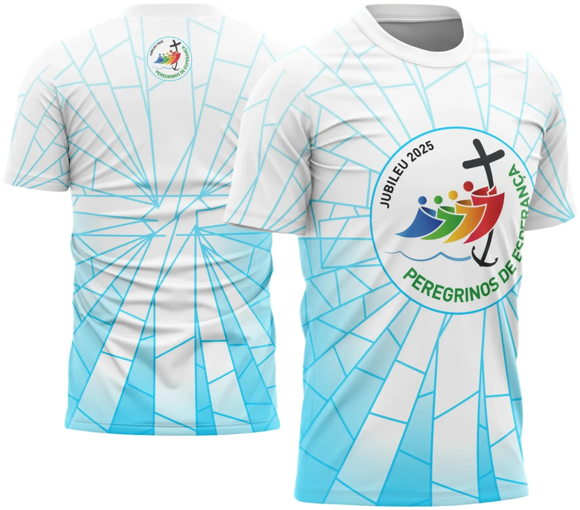 Camiseta unissex preta com logo no peito e estampa grande nas costas com o tema da Jornada dos Peregrinos, perfeita para quem busca uma camisa de religião clássica e elegante.