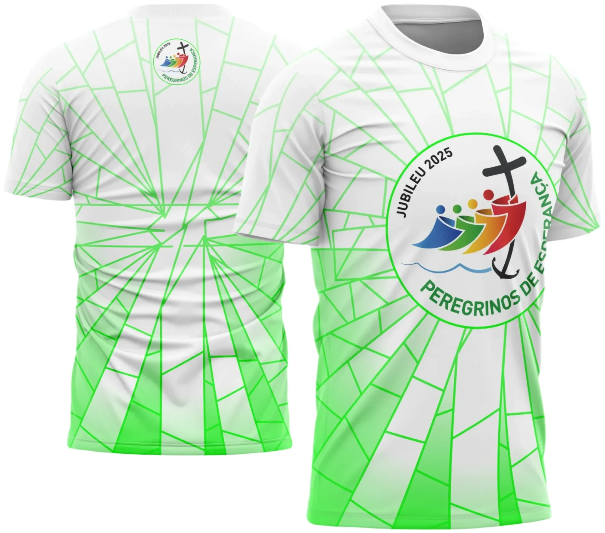 Camiseta unissex branca com logo no peito e estampa grande nas costas inspirada na Jornada dos Peregrinos Religiosa.