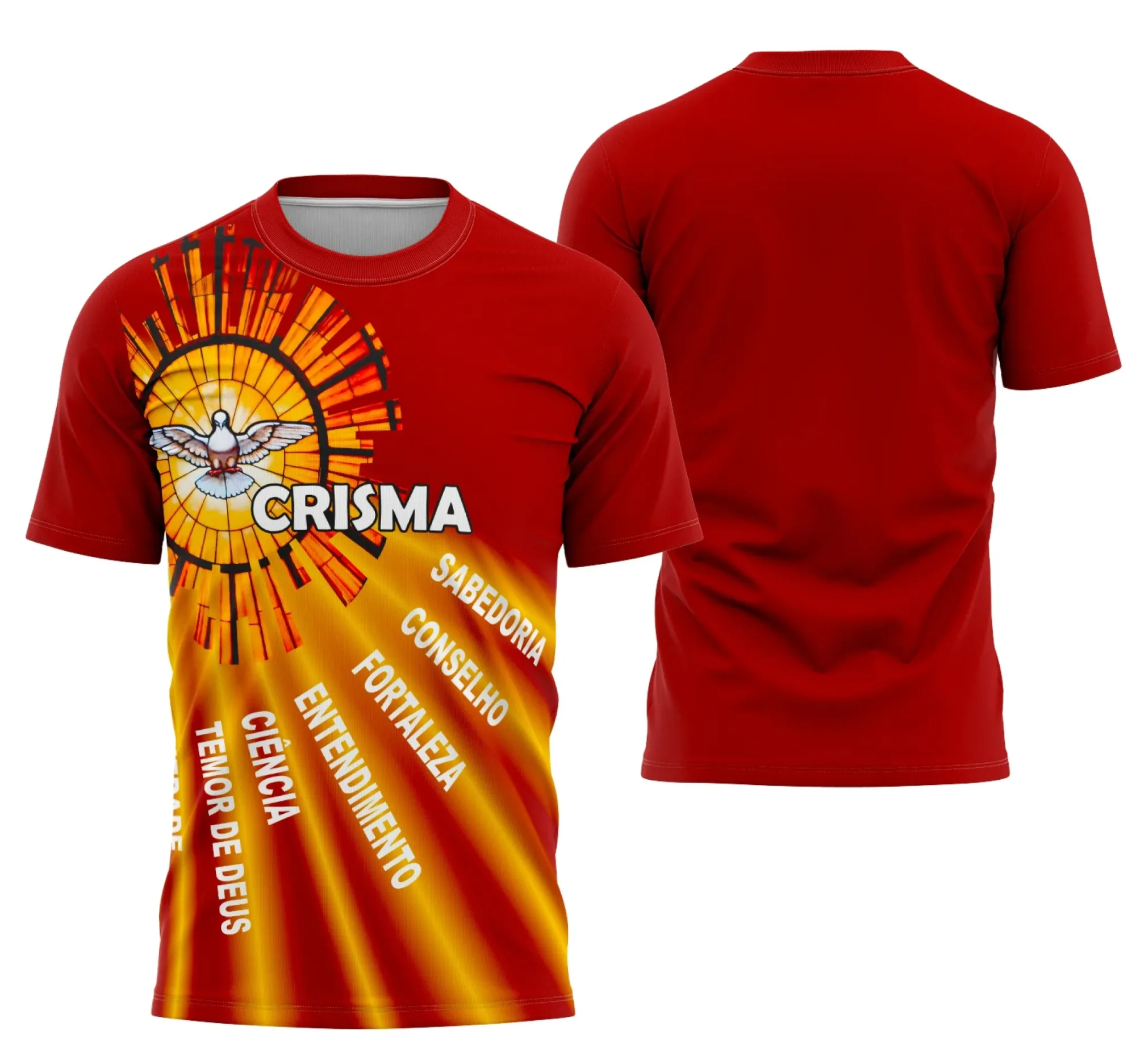 Camiseta unissex branca com logo no peito e estampa grande nas costas, tema Igreja Católica Crisma 2026, ideal para momentos de fé e celebração religiosa.