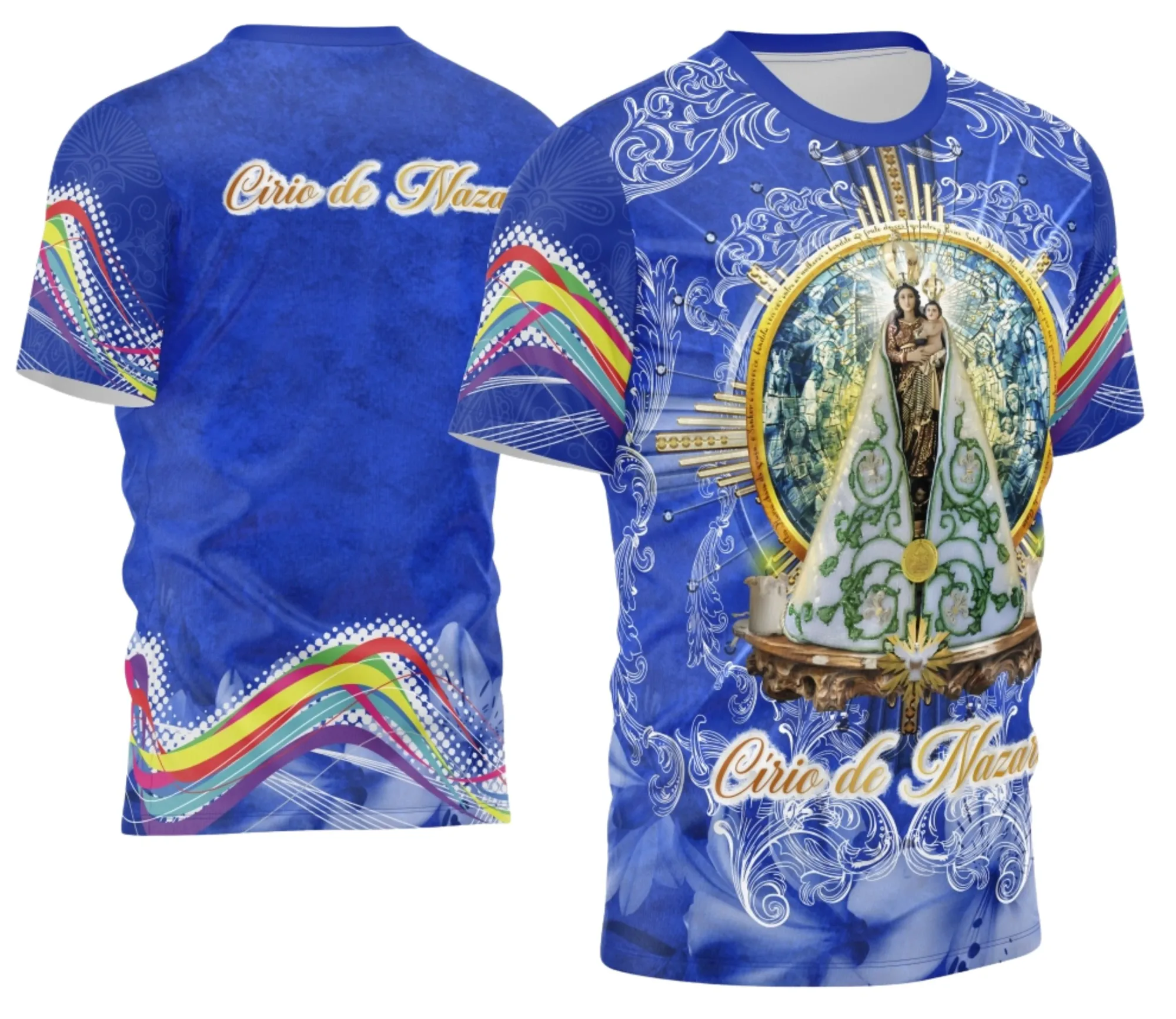 Camiseta unissex branca com logo no peito e estampa grande nas costas, temática Círio de Nazaré 2026 2025 religiosa, perfeita para eventos de fé e cultura popular.