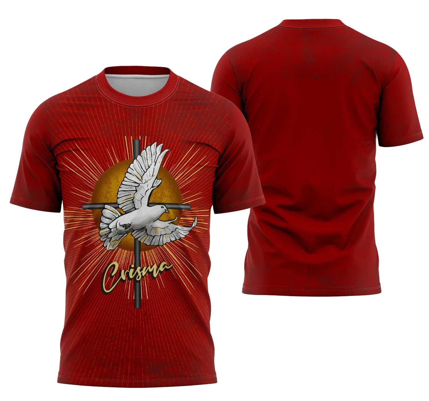 Camiseta unissex branca com logo no peito e estampa grande nas costas do Espírito Santo Espírito de Crisma, ideal para o momento de celebração da crisma.