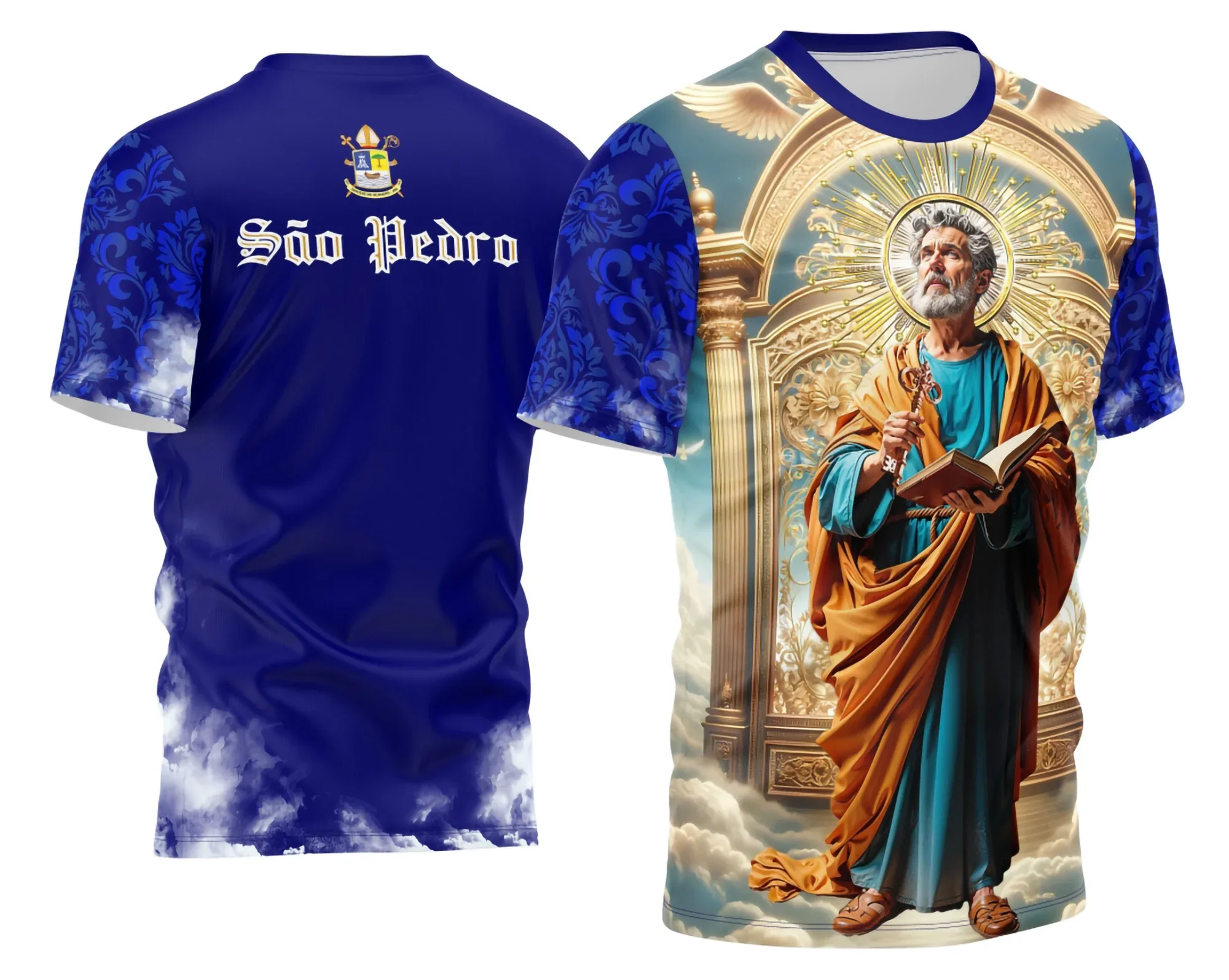 Camiseta unissex preta com logo no peito e estampa grande nas costas com tema Santo Pedro Devocional 2026, perfeita para estilo casual e religioso.