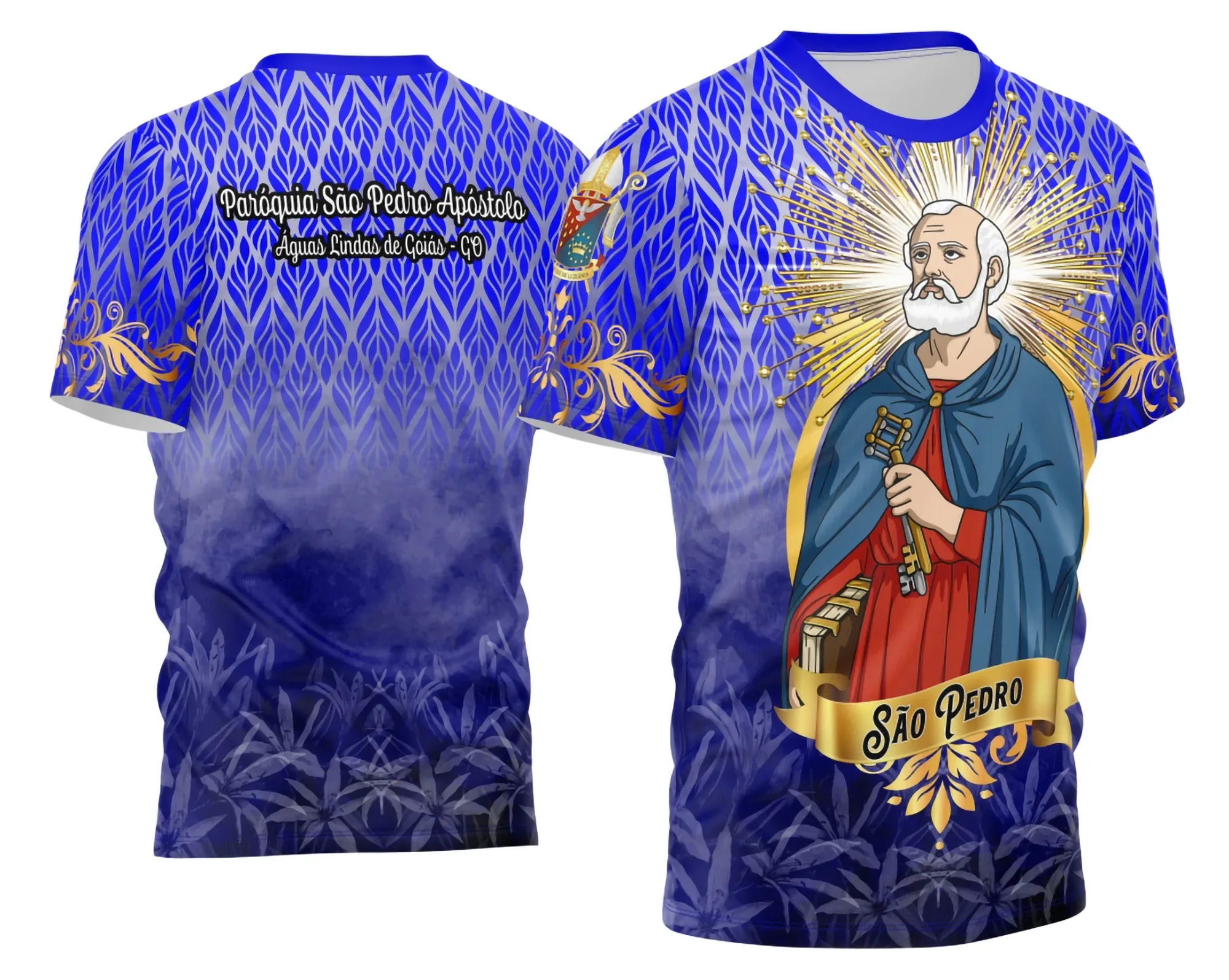 Camiseta unissex branca com logo no peito e estampa grande nas costas baseada em São Pedro Protetor, ideal para uso religioso e ocasiões especiais.