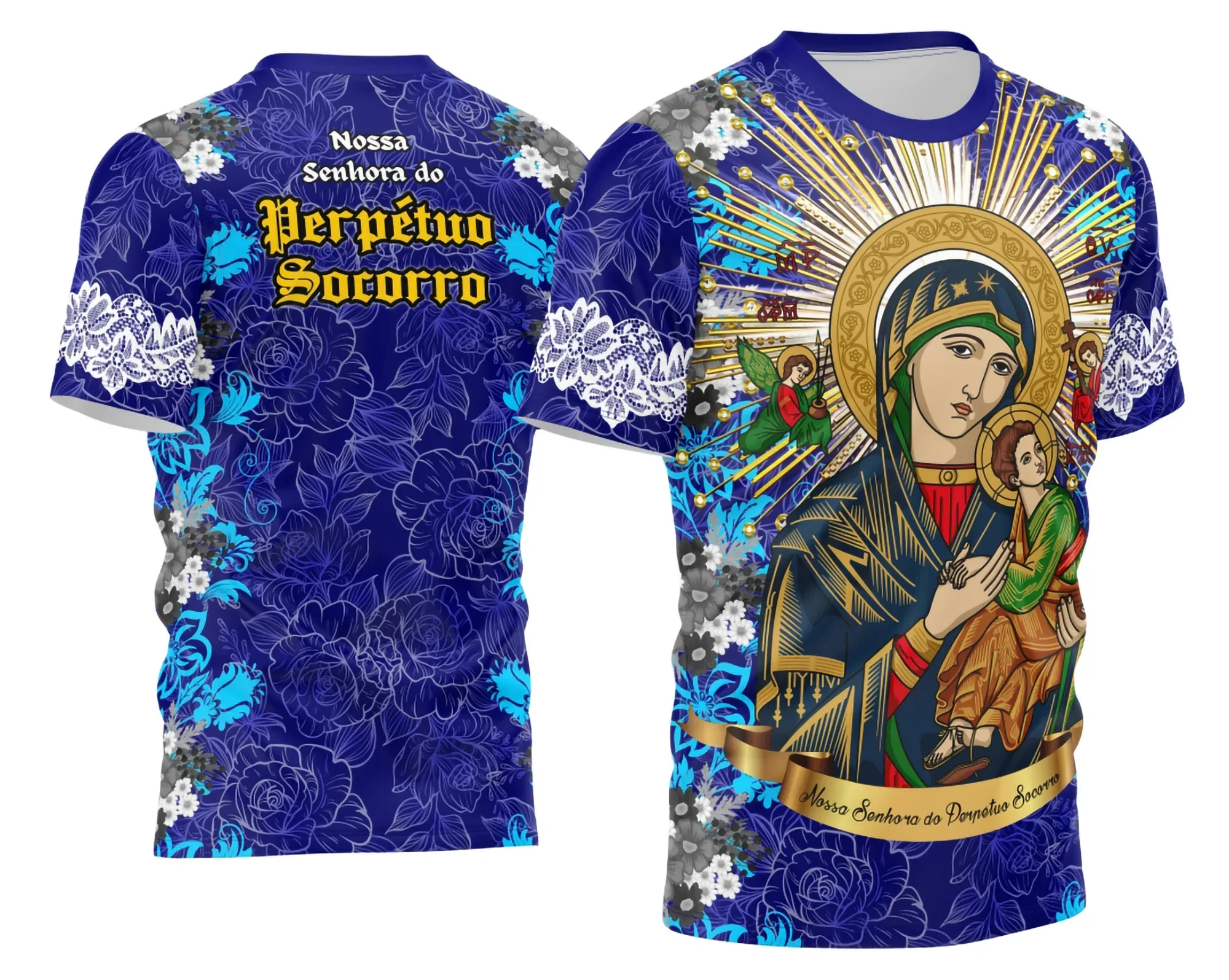 Camiseta unissex preta com logo no peito e estampa grande nas costas mostrando Nossa Senhora do Perpétuo Socorro, design religioso inspirador e elegante para uso diário.