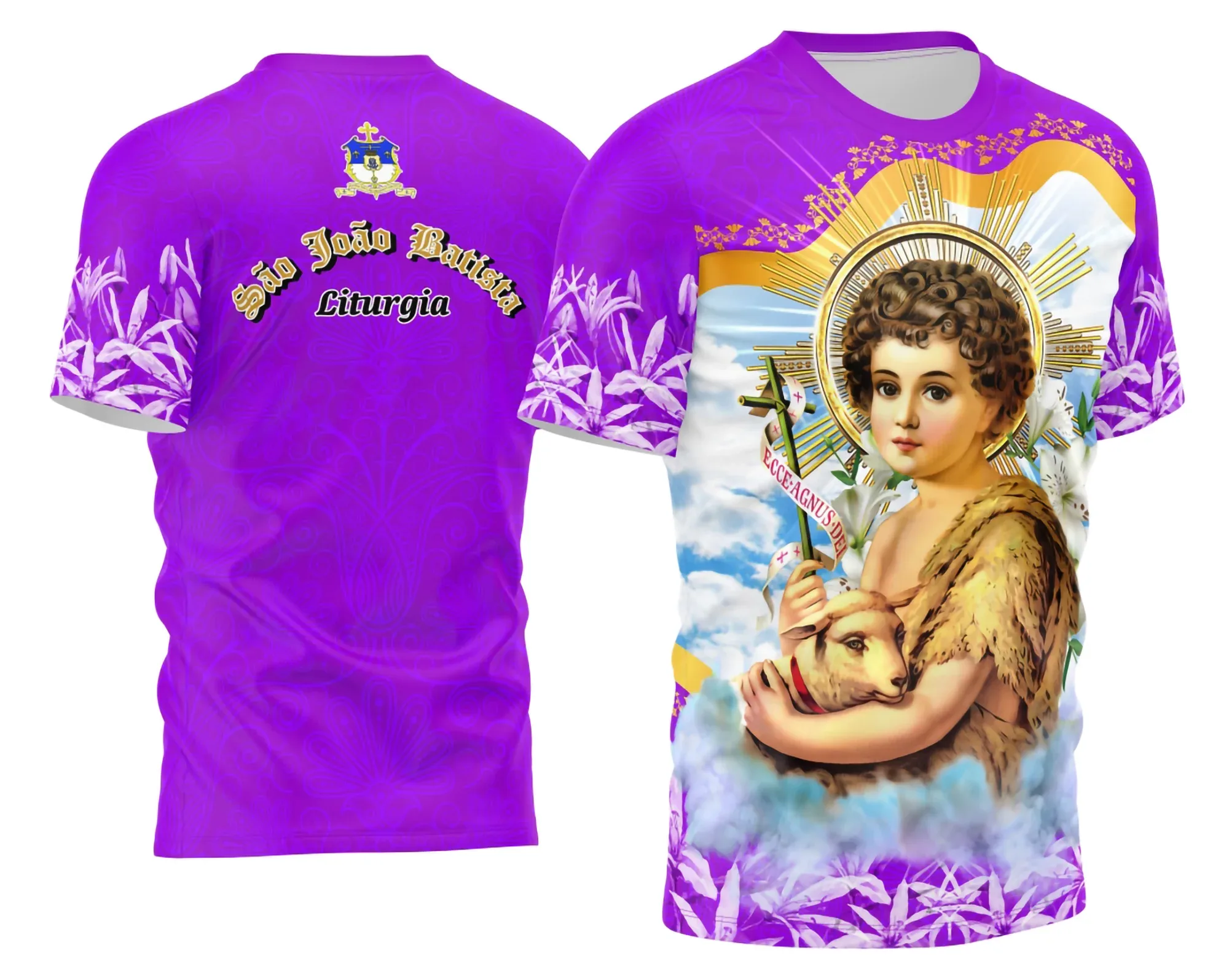 Camiseta unissex branca com logo no peito e estampa grande nas costas sobre São João Batista, ideal para quem busca estilo religioso e moderno.