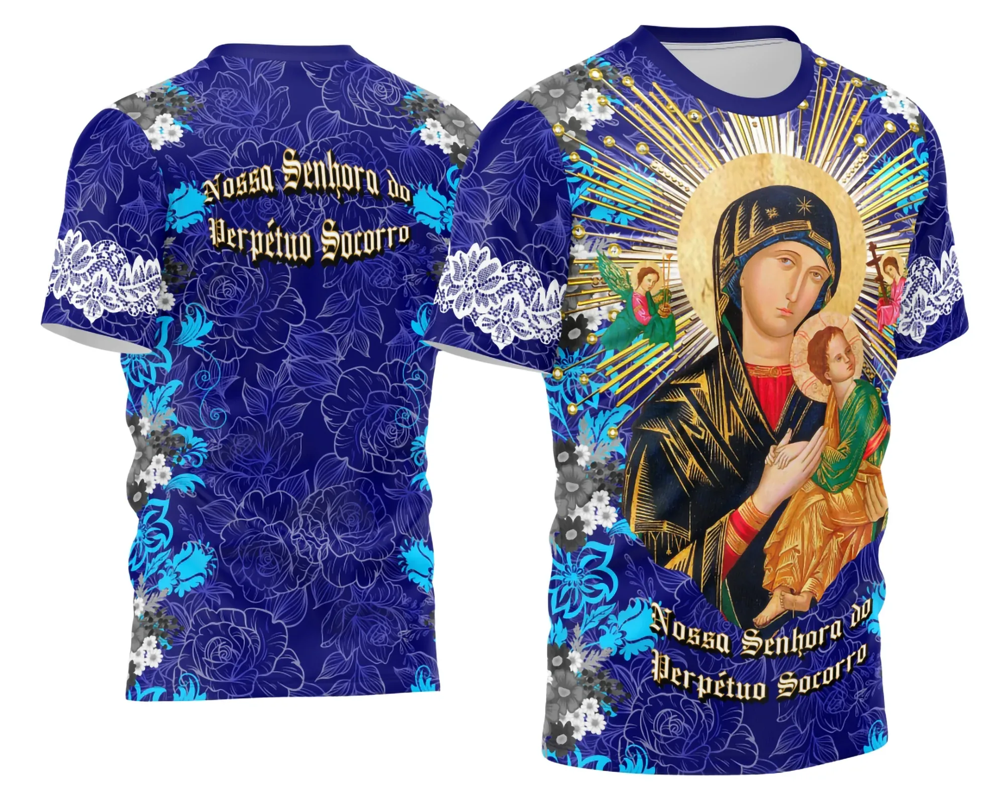 Foto de camiseta unissex branca com logo no peito e estampa grande nas costas de Nossa Senhora do Perpétuo Socorro 2026, design espiritual com detalhes delicados e cores suaves.