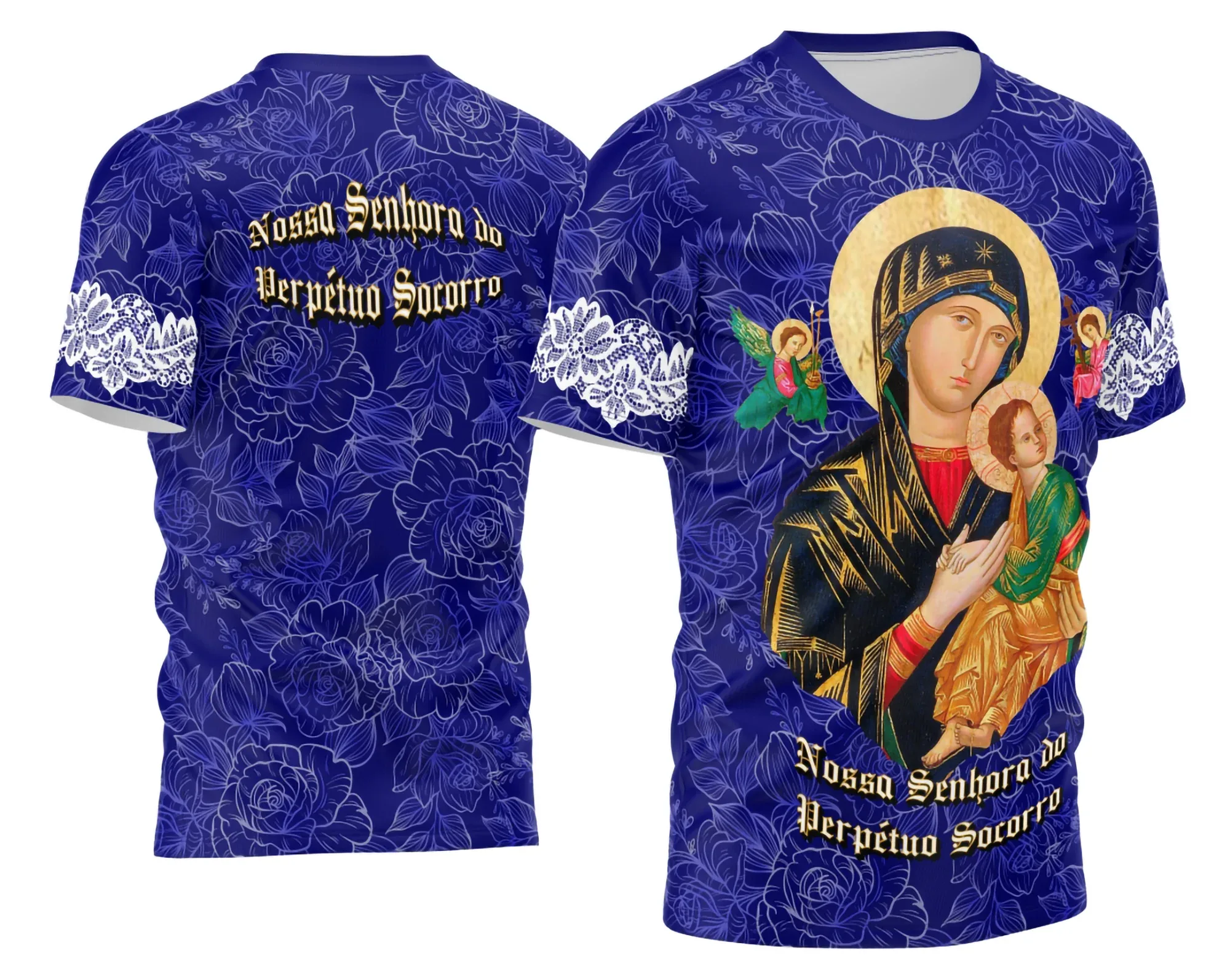 Camiseta unissex na cor preta com logo no peito e estampa grande nas costas da Nossa Senhora do Perpétuo Socorro, temática devocional para 2026, ideal para uso religioso e casual.