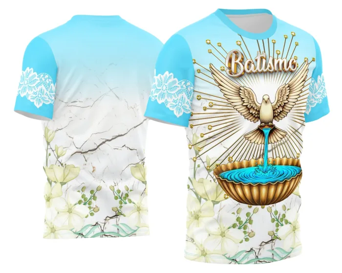Arte Camisa Religiosa 2026 para Celebração de Batismo