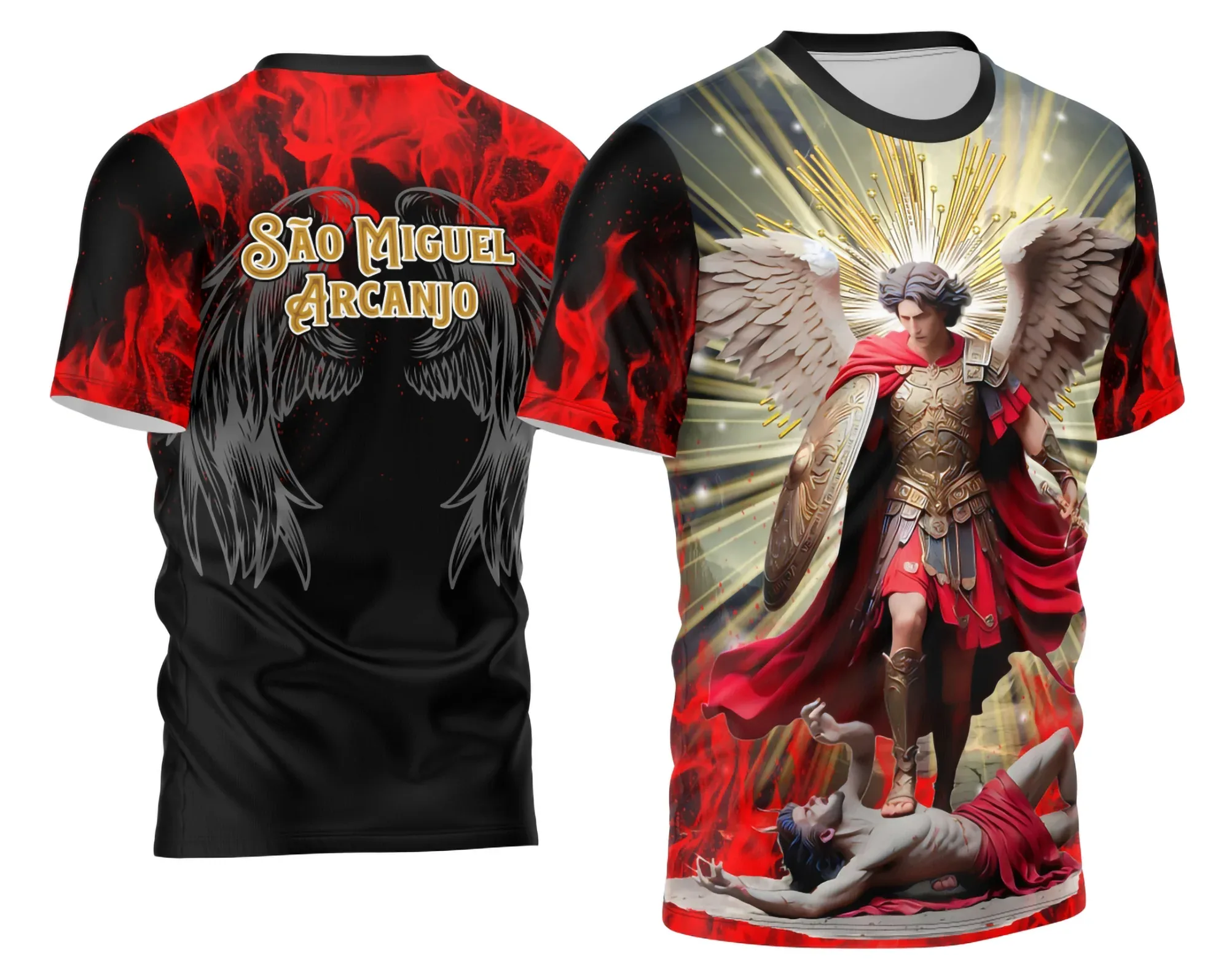 Camiseta unissex preta com logo no peito e estampa grande nas costas do São Miguel Arcanjo 2026, design moderno e exclusivo para fãs e devotos.
