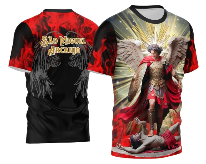 Camiseta unissex preta com logo no peito e estampa grande nas costas do São Miguel Arcanjo 2026, design moderno e exclusivo para fãs e devotos.