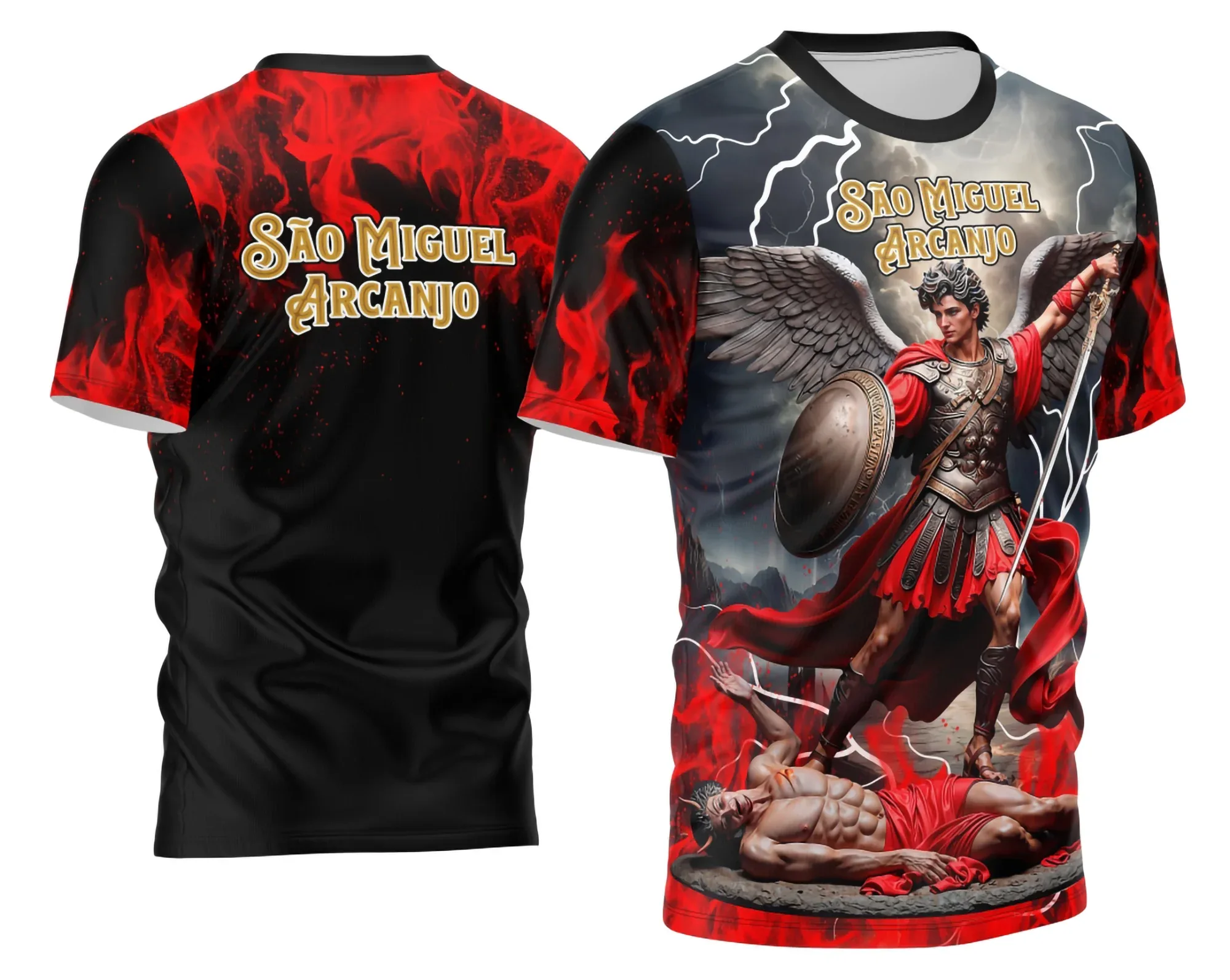 Camiseta unissex preta com logo no peito e estampa grande nas costas representando São Miguel Arcanjo em design espiritualidade; moderna e confortável, perfeita para momentos de fé e proteção.
