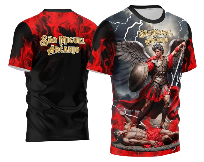 Camiseta unissex preta com logo no peito e estampa grande nas costas representando São Miguel Arcanjo em design espiritualidade; moderna e confortável, perfeita para momentos de fé e proteção.