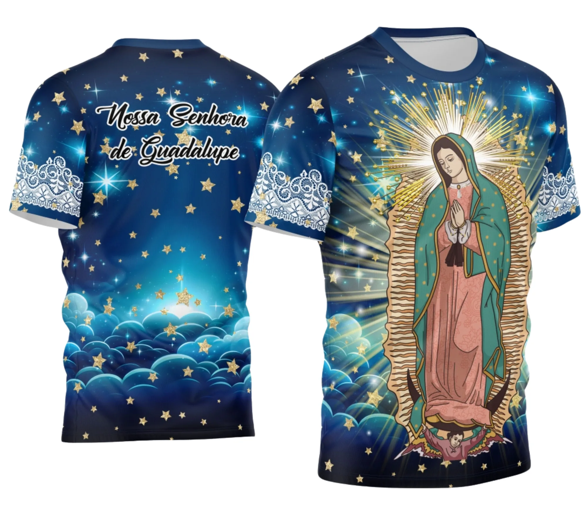 Camiseta unissex com base preta, logo no peito discreto e estampa grande nas costas inspirada em Nossa Senhora de Guadalupe, perfeito para quem busca estilo e fé em uma peça única.
