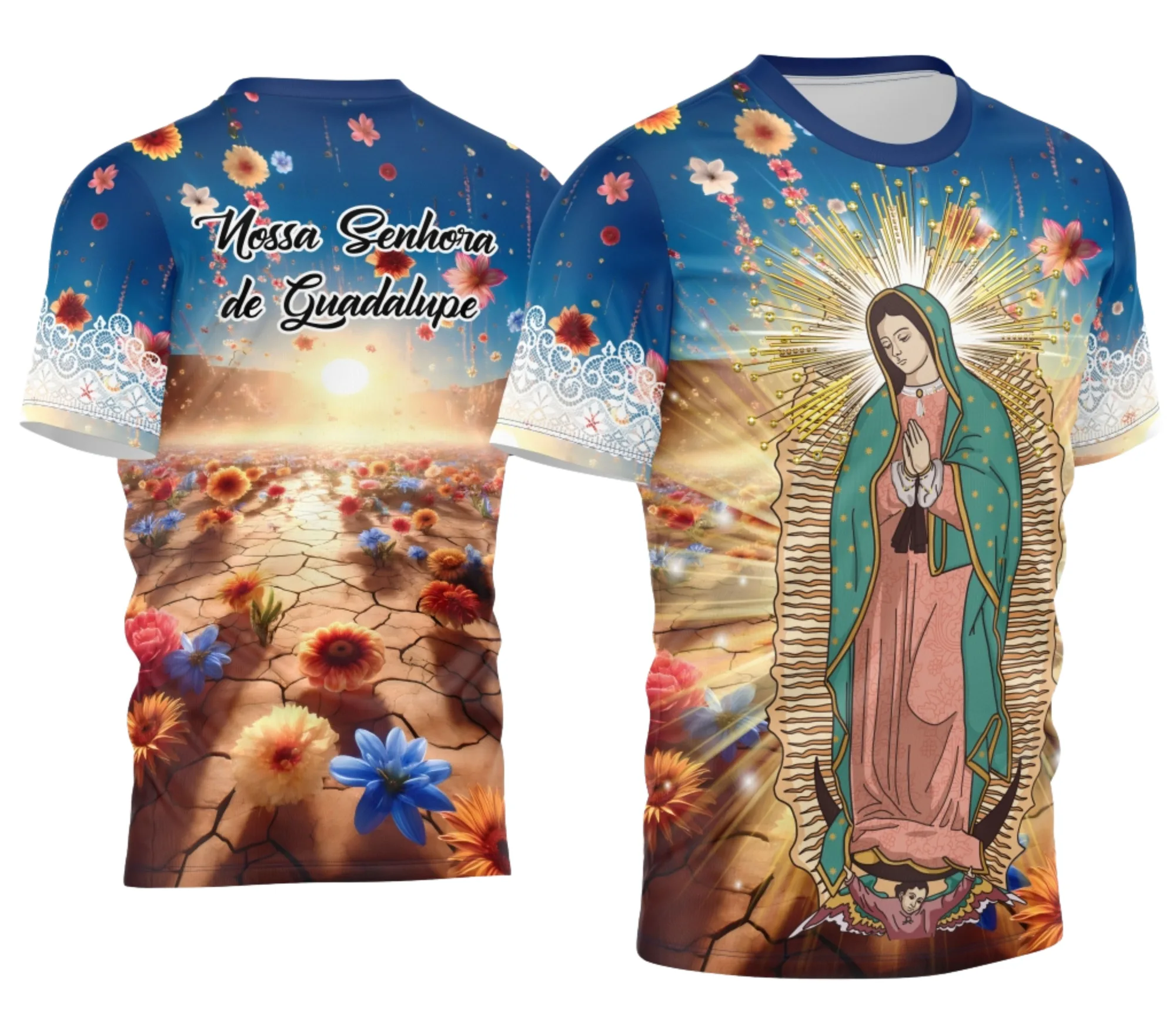 Camiseta unissex preta com logo no peito e estampa grande nas costas da Nossa Senhora de Guadalupe, design exclusivo modelo 2, com estilo moderno e marcante.