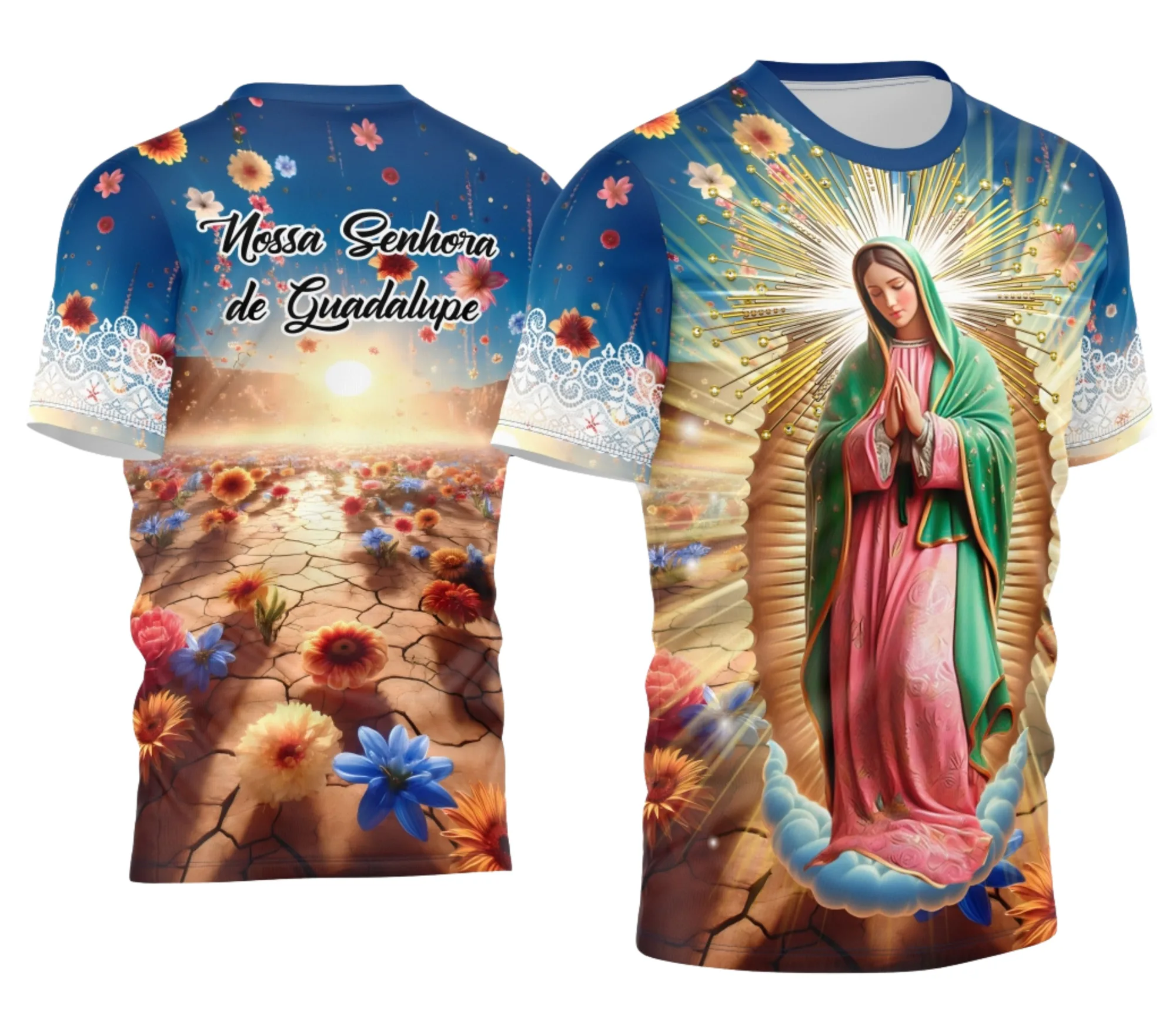 Camiseta unissex preta com logo no peito e estampa grande nas costas com tema Devocional Nossa Senhora de Guadalupe, ideal para uso casual ou religiosa.