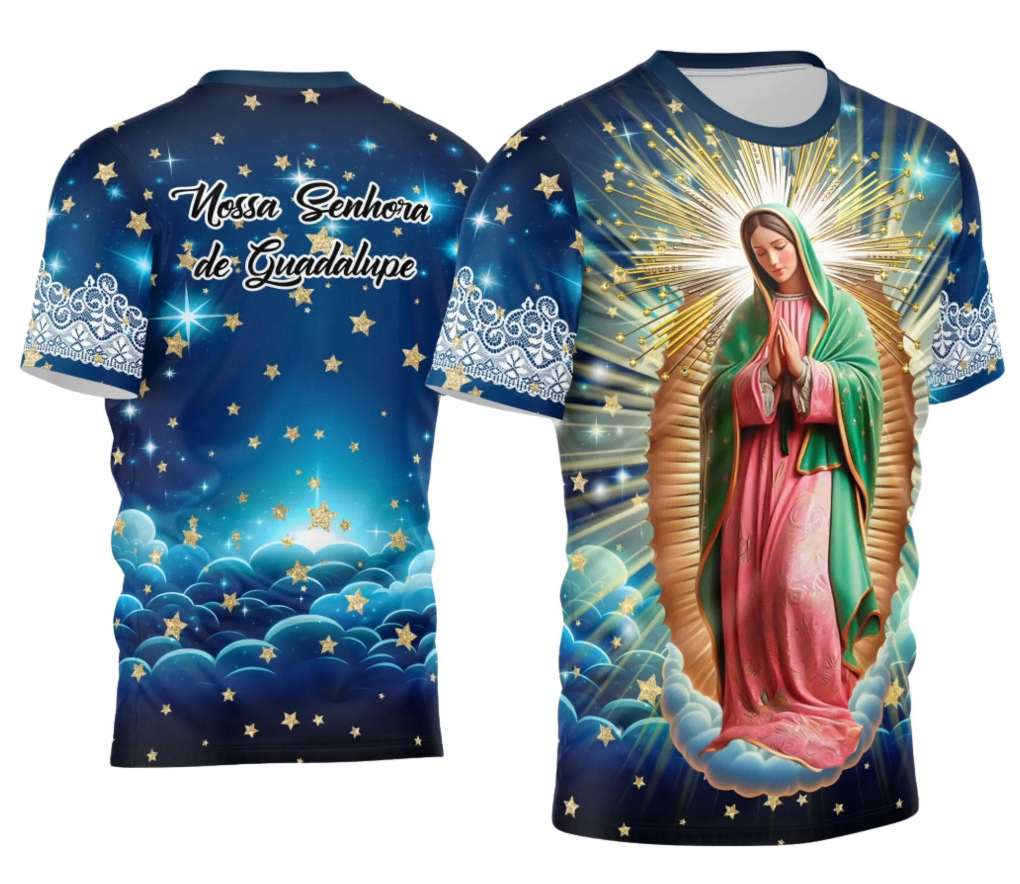 Camiseta unissex preta com logo no peito e estampa grande nas costas representando Nossa Senhora de Guadalupe tradicional, perfeita para quem busca estilo e fé.