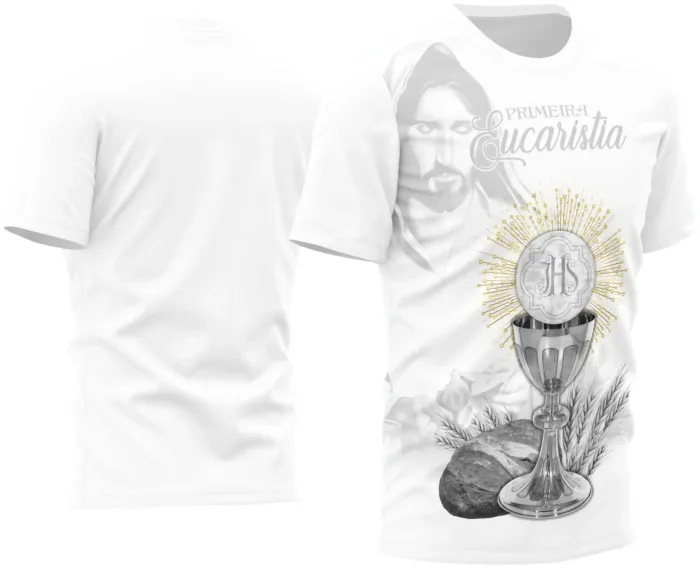 Camiseta unissex branca com logo no peito e estampa grande nas costas celebrando a Primeira Eucaristia 2025, design delicado e festivo, ideal para ocasião especial.