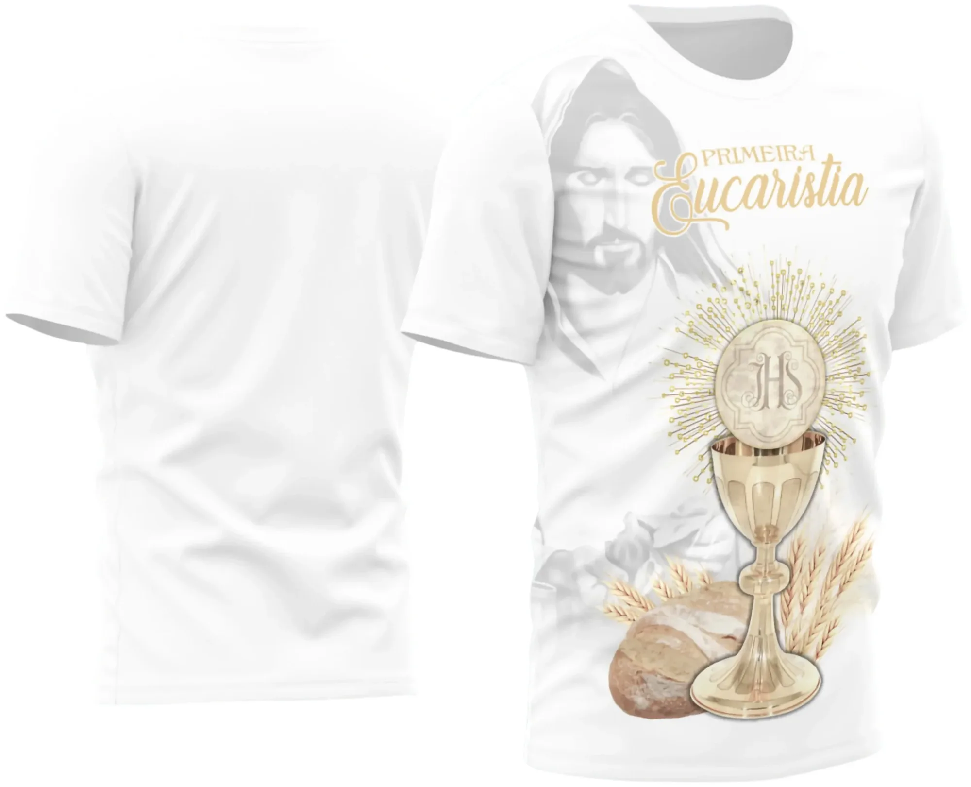 Camiseta unissex branca com logo no peito e estampa grande nas costas, tema celebração da Primeira Eucaristia 2025, ideal para momentos especiais e eventos religiosos.