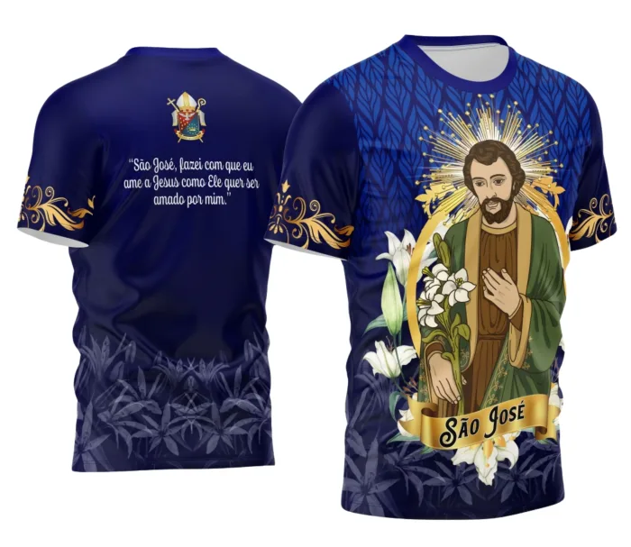 Camiseta unissex branca com logo de São José no peito e estampa grande de São José nas costas, trazendo fé e proteção em um visual moderno e elegante.
