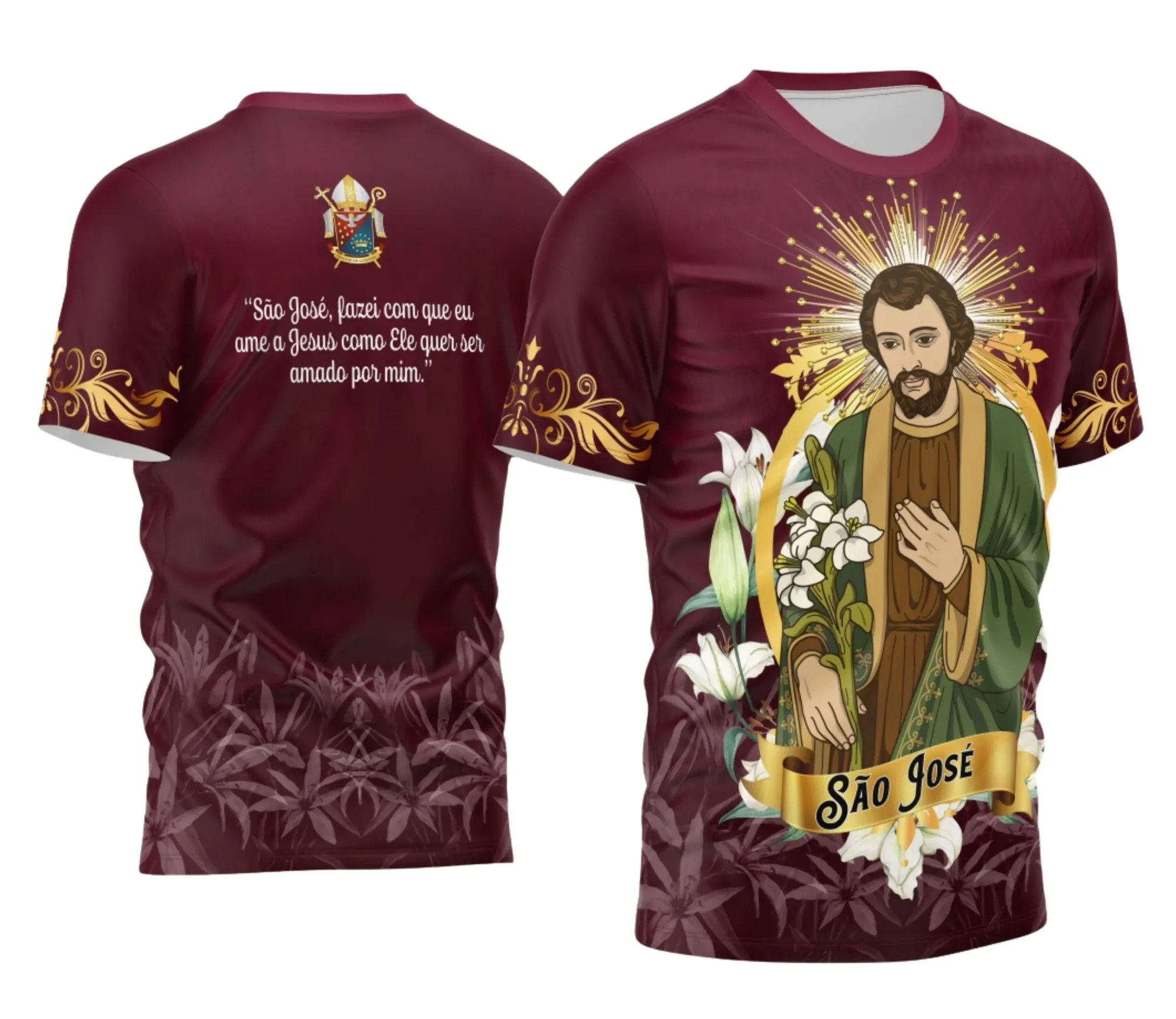 Camiseta unissex preta com logo no peito e estampa grande nas costas mostrando São José em design tradicional, perfeita para usar no dia a dia com estilo e fé.