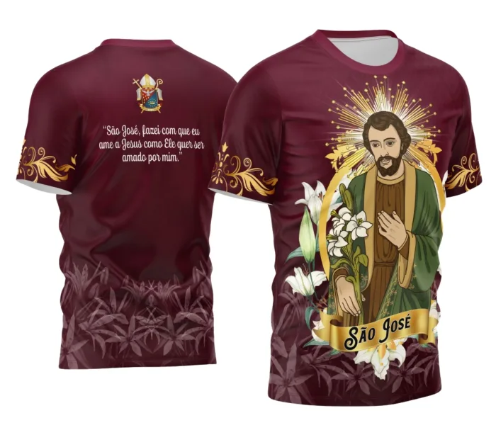 Camiseta unissex preta com logo no peito e estampa grande nas costas mostrando São José em design tradicional, perfeita para usar no dia a dia com estilo e fé.