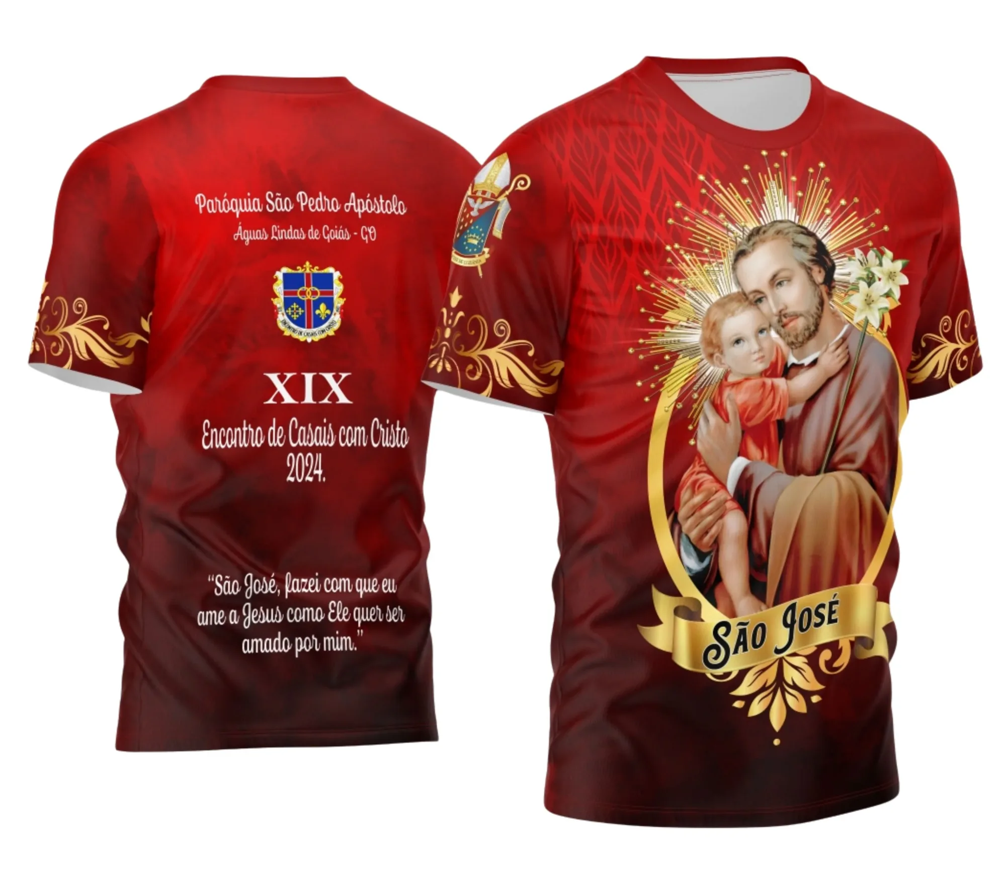 Camisa preta unissex com logo no peito e estampa grande nas costas com tema São José Religiosa, perfeita para quem busca estilo e fé juntos.