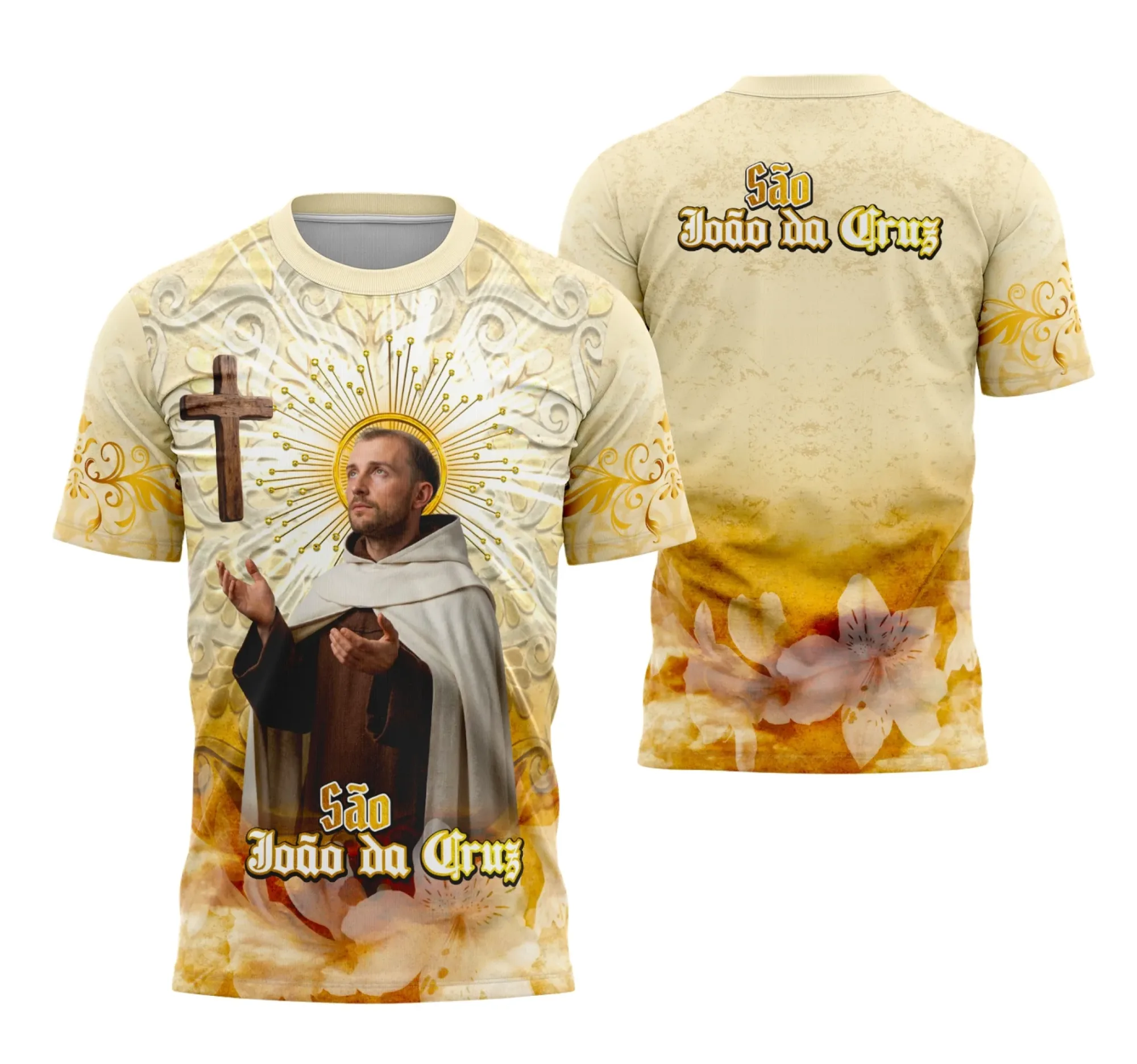 Camiseta unissex preta com logo no peito e estampa grande nas costas com tema de São João da Cruz em estilo católico, ideal para looks religiosos e encontros espirituais.